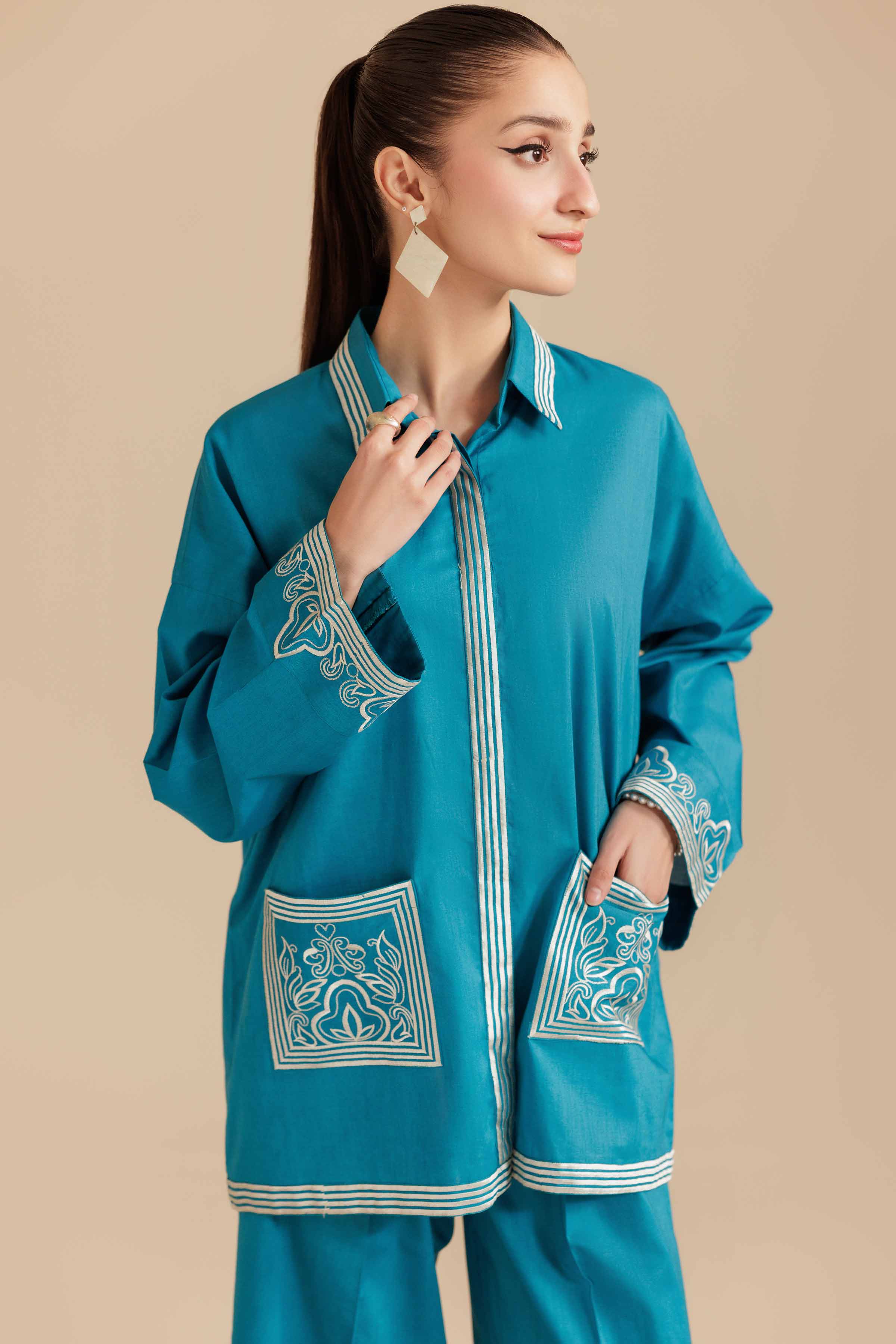 2 Piece - Embroidered Suit - AS25-116 READY TO WEAR Blue Cambric 2PC Embroidered