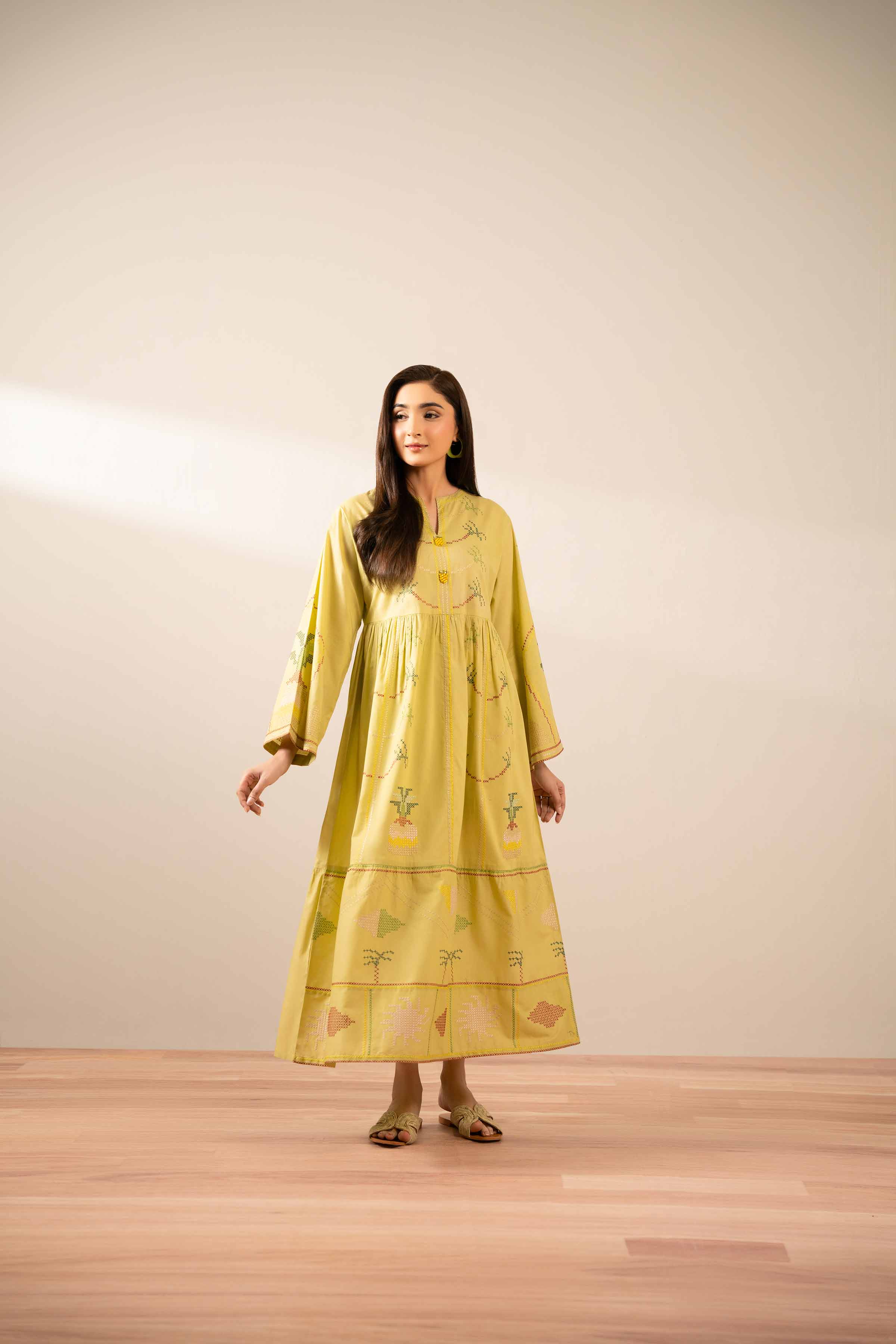 Embroidered Dress - AS25-83 Ready To Wear Green Cambric 1PC Embroidered