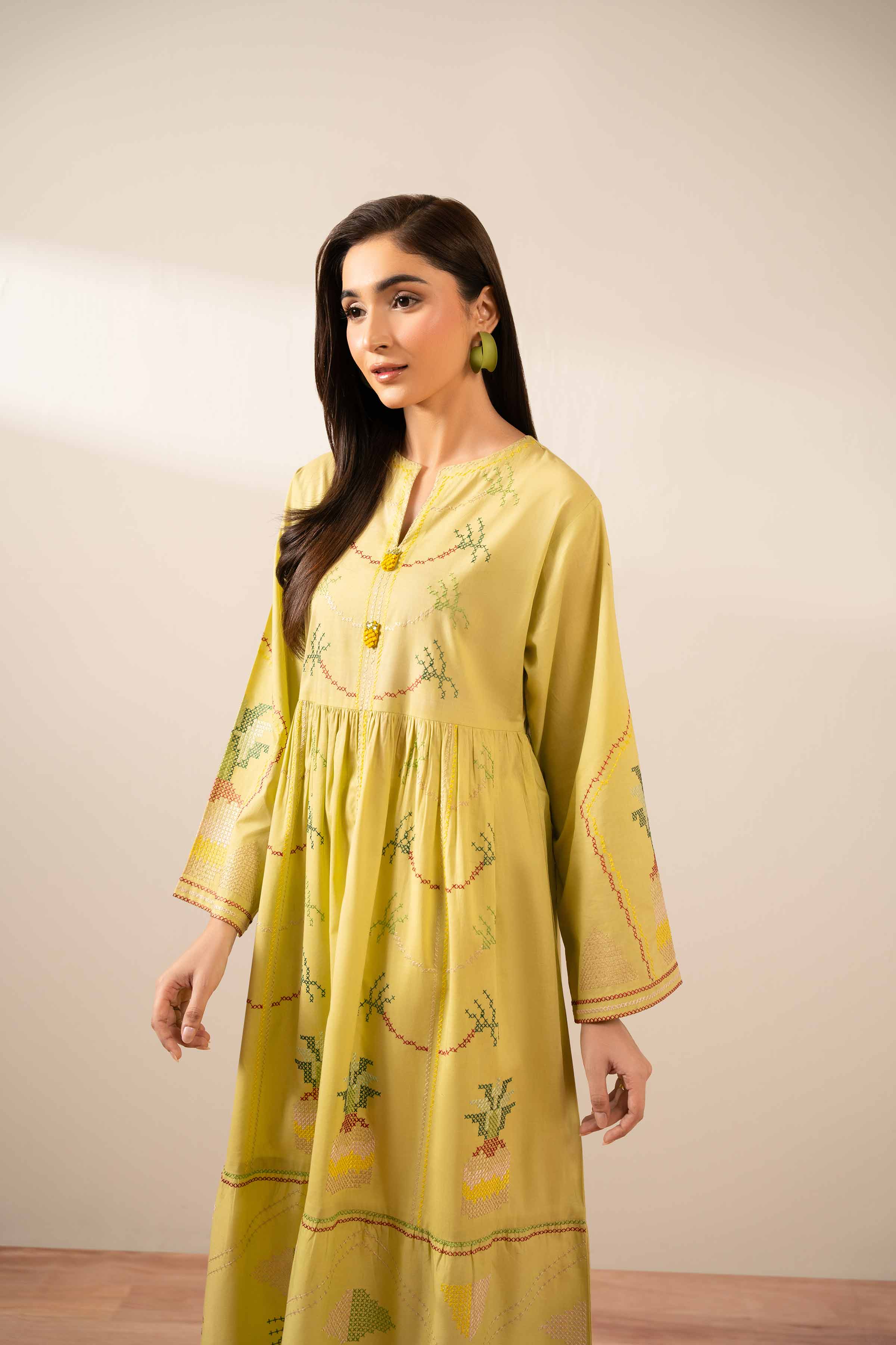 Embroidered Dress - AS25-83 Ready To Wear Green Cambric 1PC Embroidered