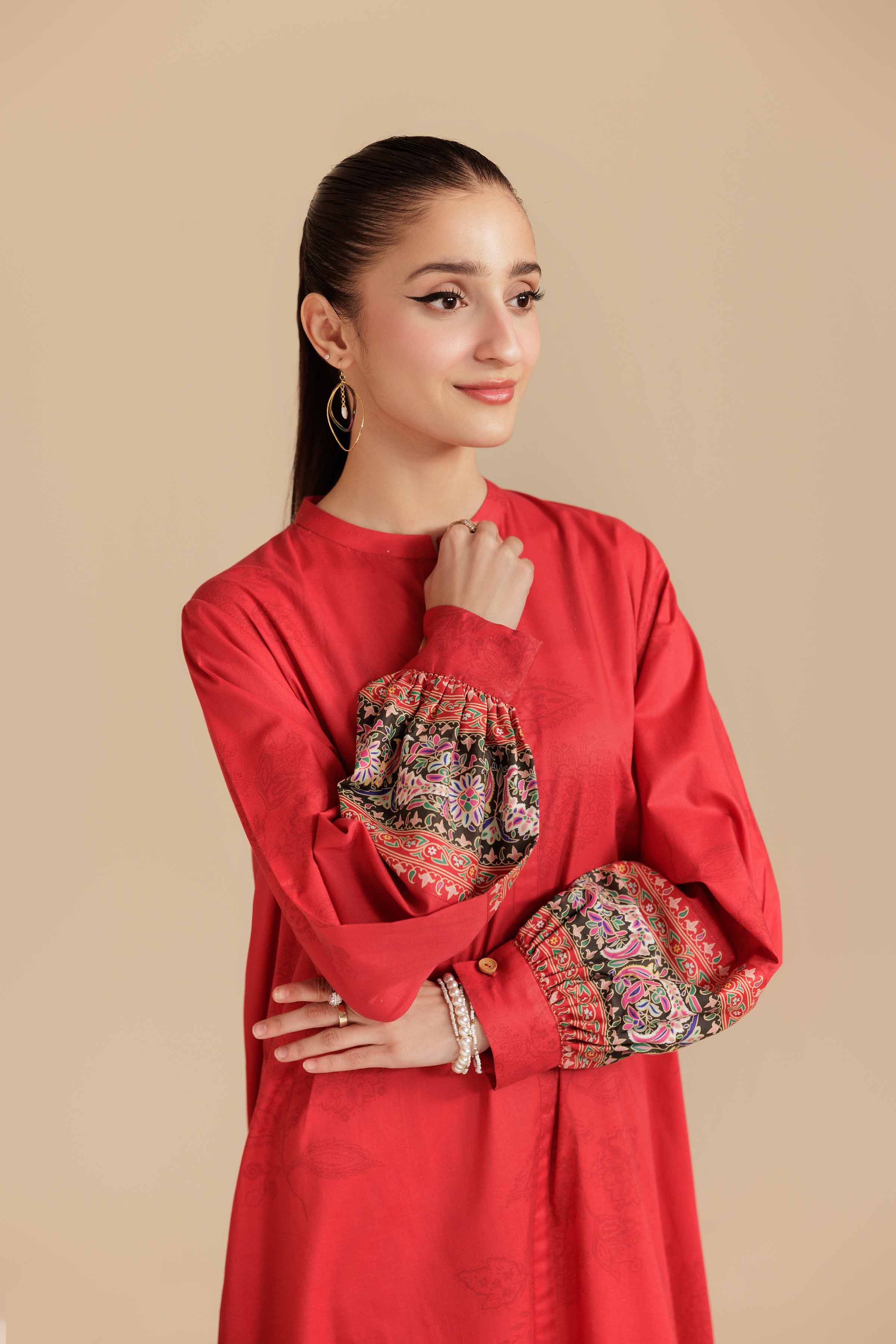 Printed Dress - AS25-98 Ready To Wear Red Cambric 1PC Printed