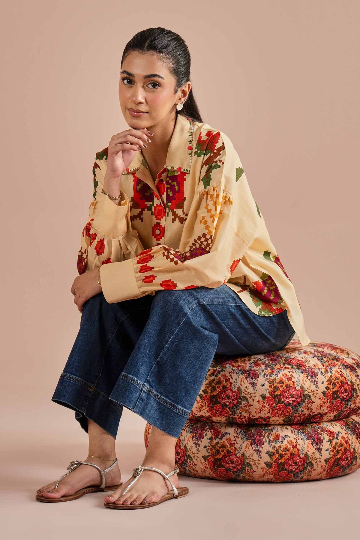Printed Shirt - AS26-18 Beige Cambric 1PC Printed Nishat Australia