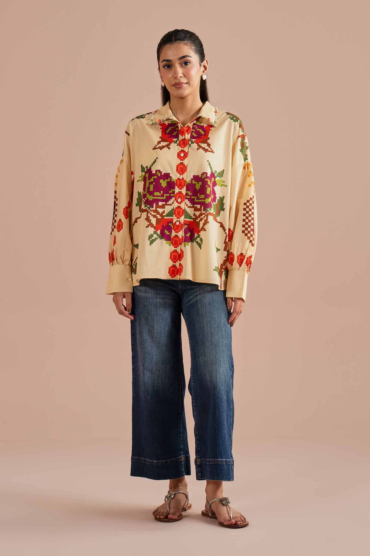 Printed Shirt - AS26-18 Beige Cambric 1PC Printed Nishat Australia