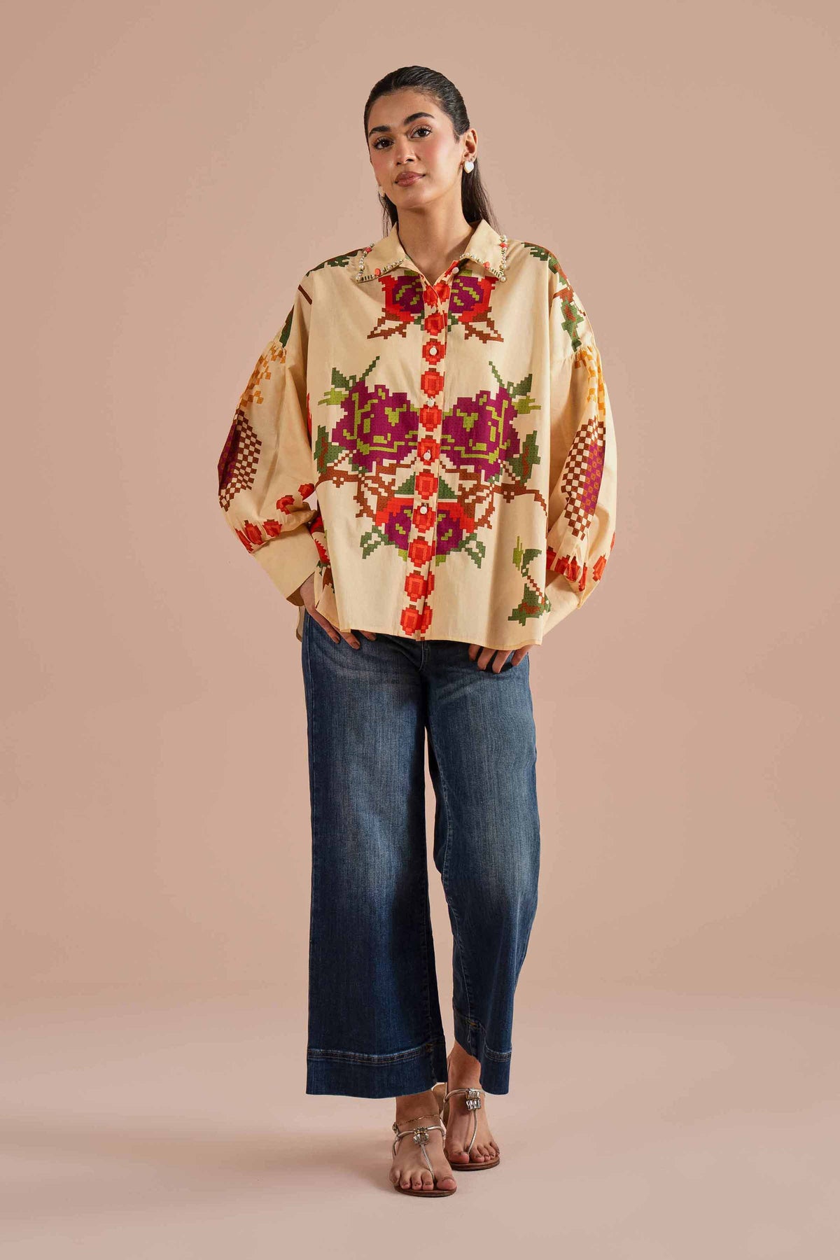 Printed Shirt - AS26-18 Beige Cambric 1PC Printed Nishat Australia