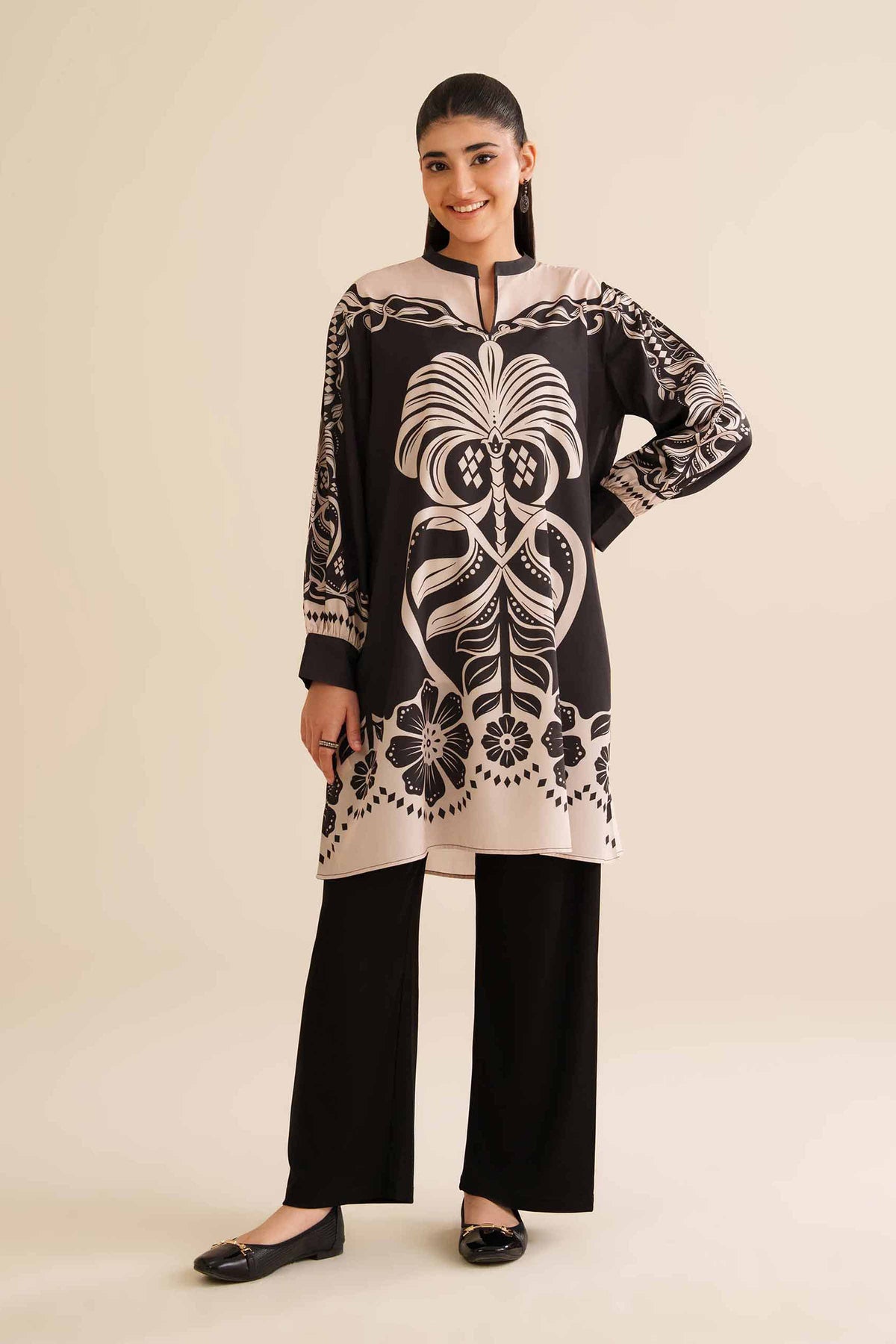 Printed Tunic - AW25-01 Black Silk 1PC Printed Nishat Australia