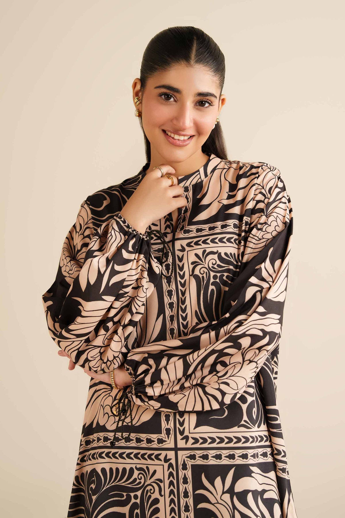 Printed Tunic - AW25-02 Black Silk 1PC Printed Nishat Australia
