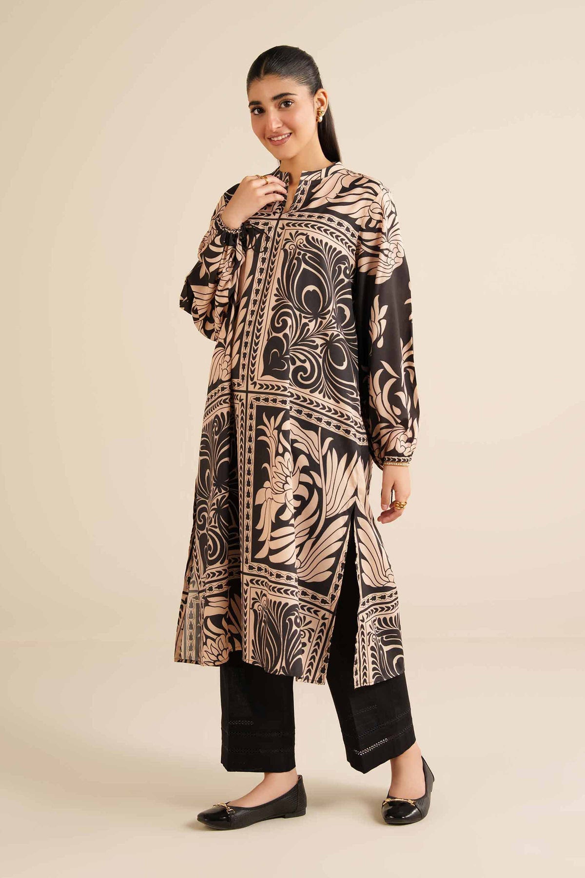 Printed Tunic - AW25-02 Black Silk 1PC Printed Nishat Australia