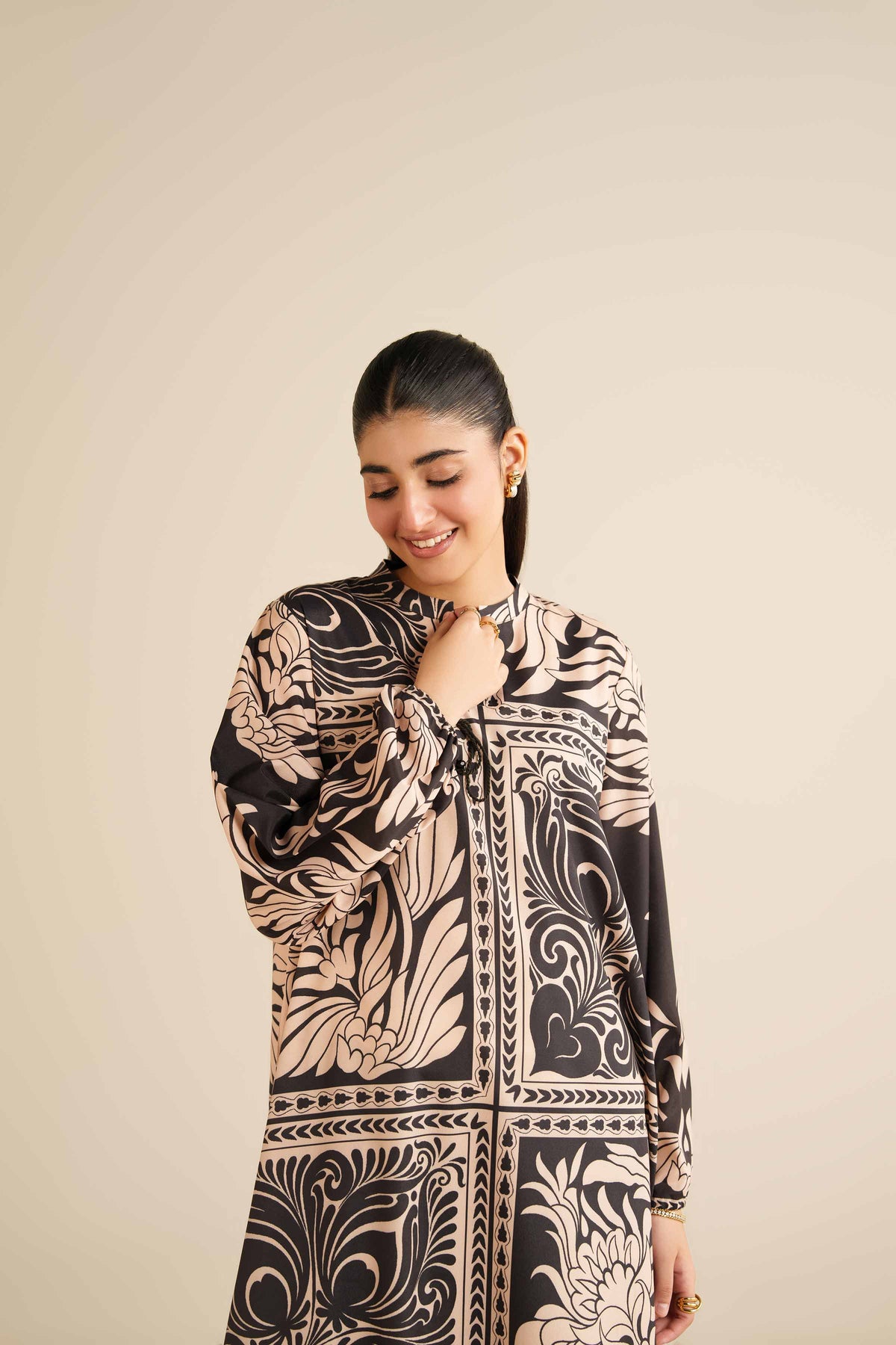 Printed Tunic - AW25-02 Black Silk 1PC Printed Nishat Australia