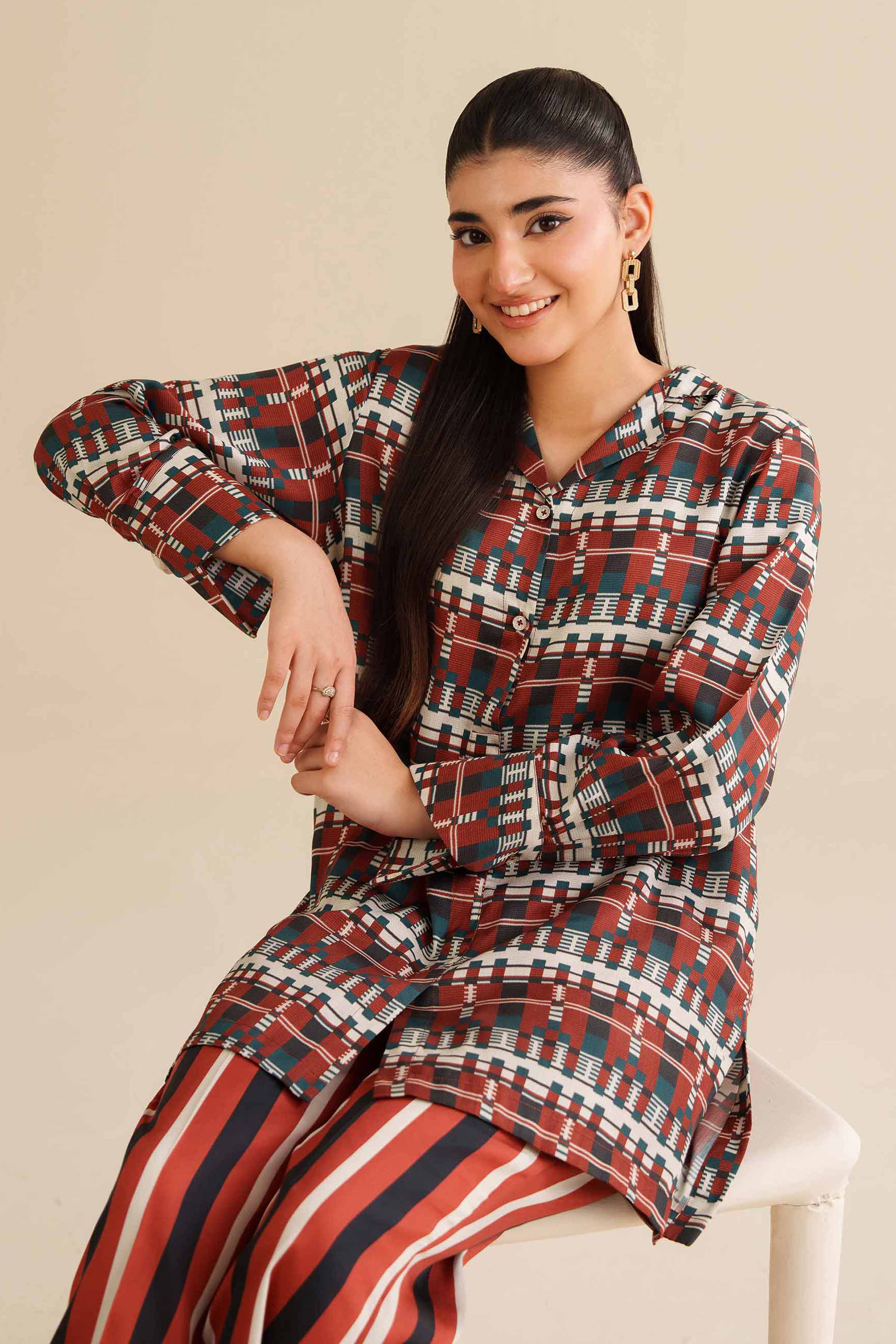 2 Piece - Printed Suit - AW25-13 READY TO WEAR Red Satin 2 Pieces Printed