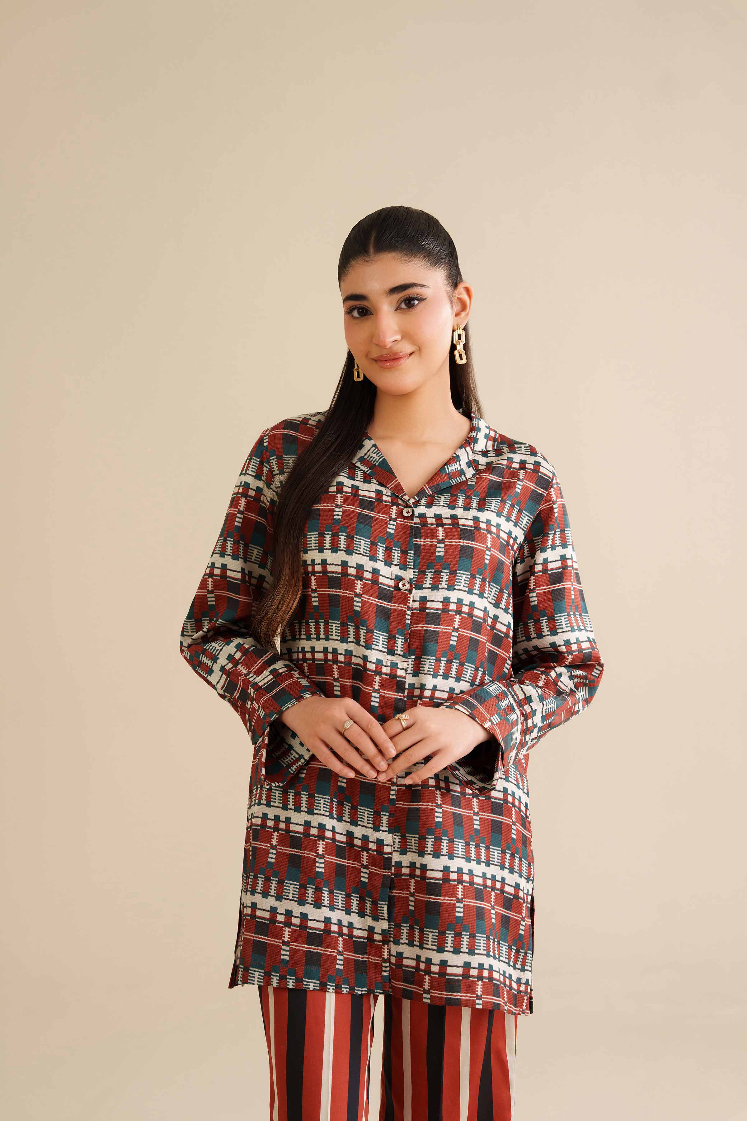 2 Piece - Printed Suit - AW25-13 READY TO WEAR Red Satin 2 Pieces Printed