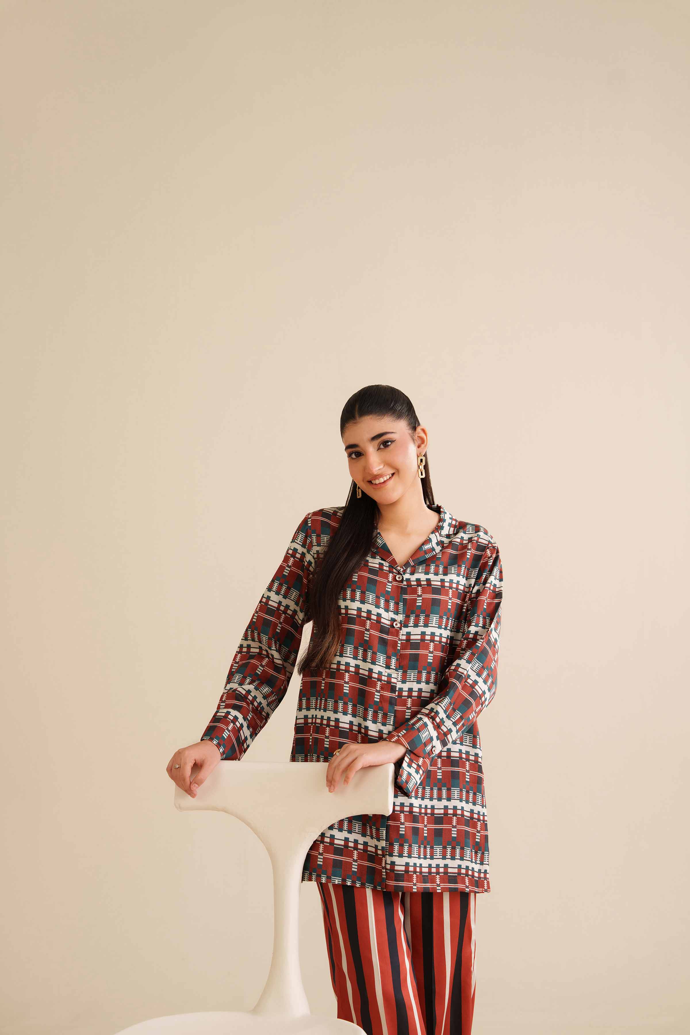 2 Piece - Printed Suit - AW25-13 READY TO WEAR Red Satin 2 Pieces Printed