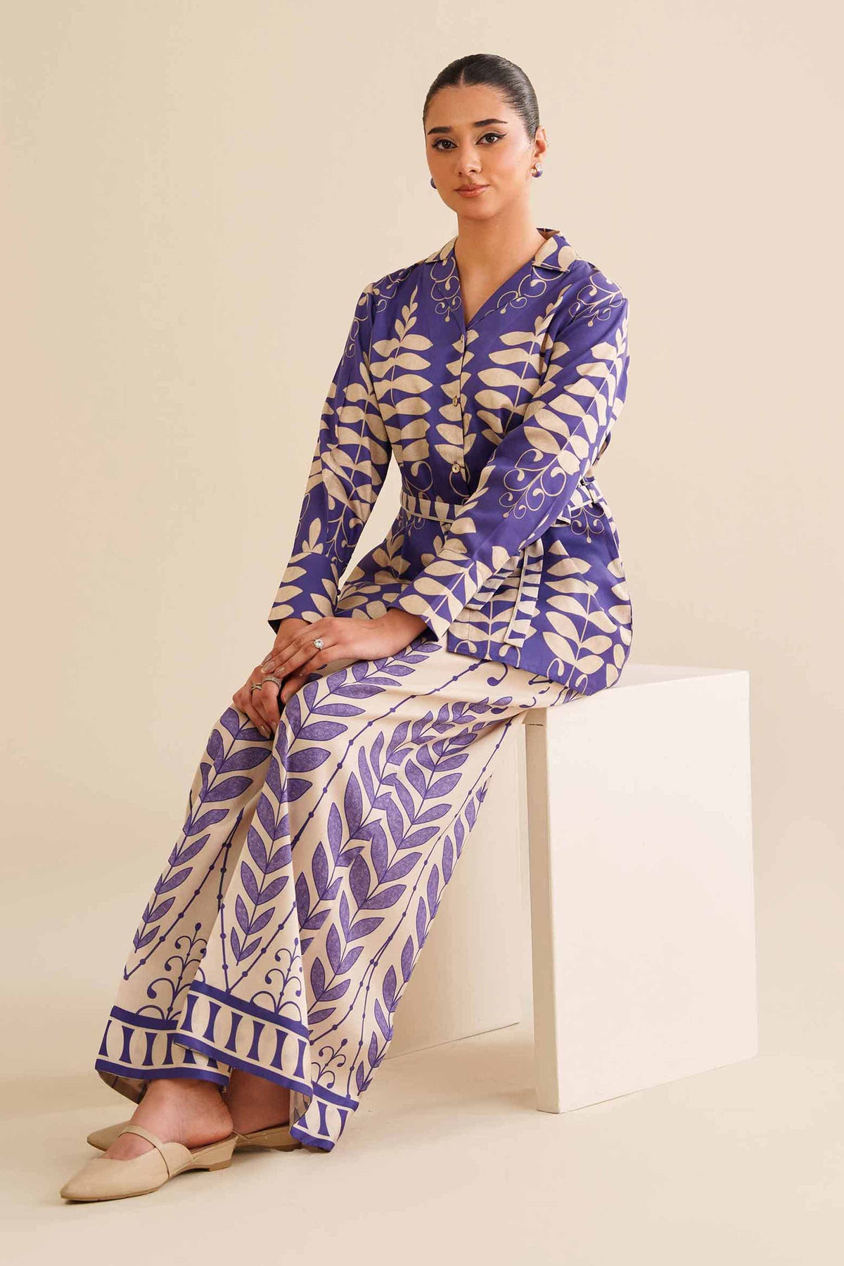2 Piece - Printed Suit - AW25-39 Blue Satin 2PC Printed Nishat Australia