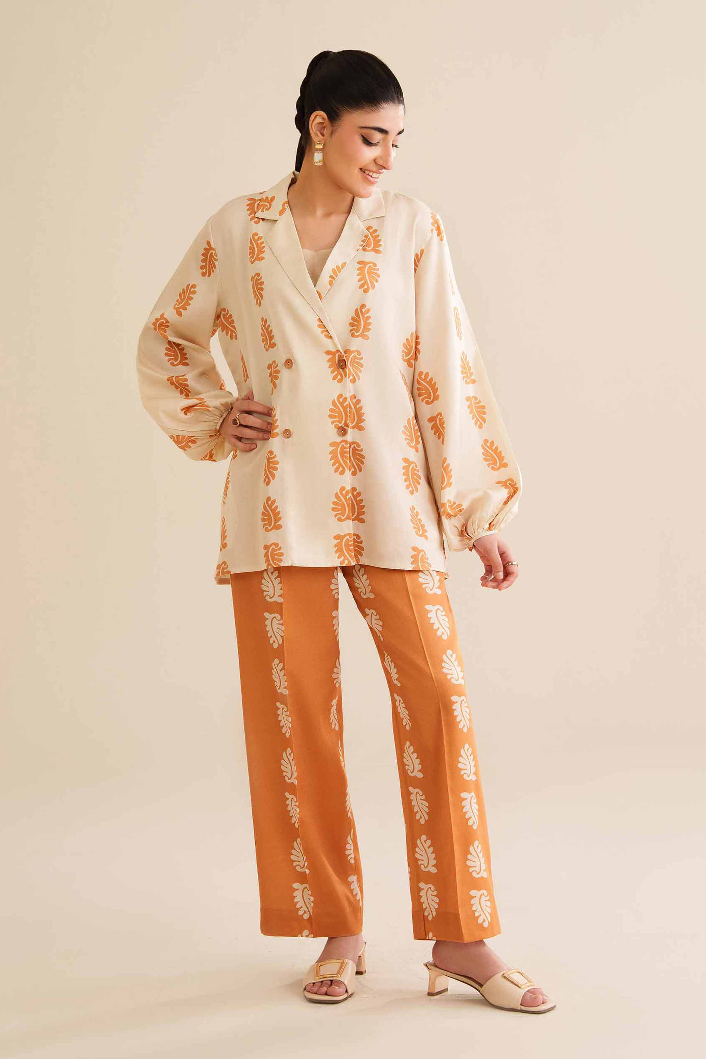 2 Piece - Printed Suit - AW25-40 READY TO WEAR Beige Satin 2 Pieces Printed
