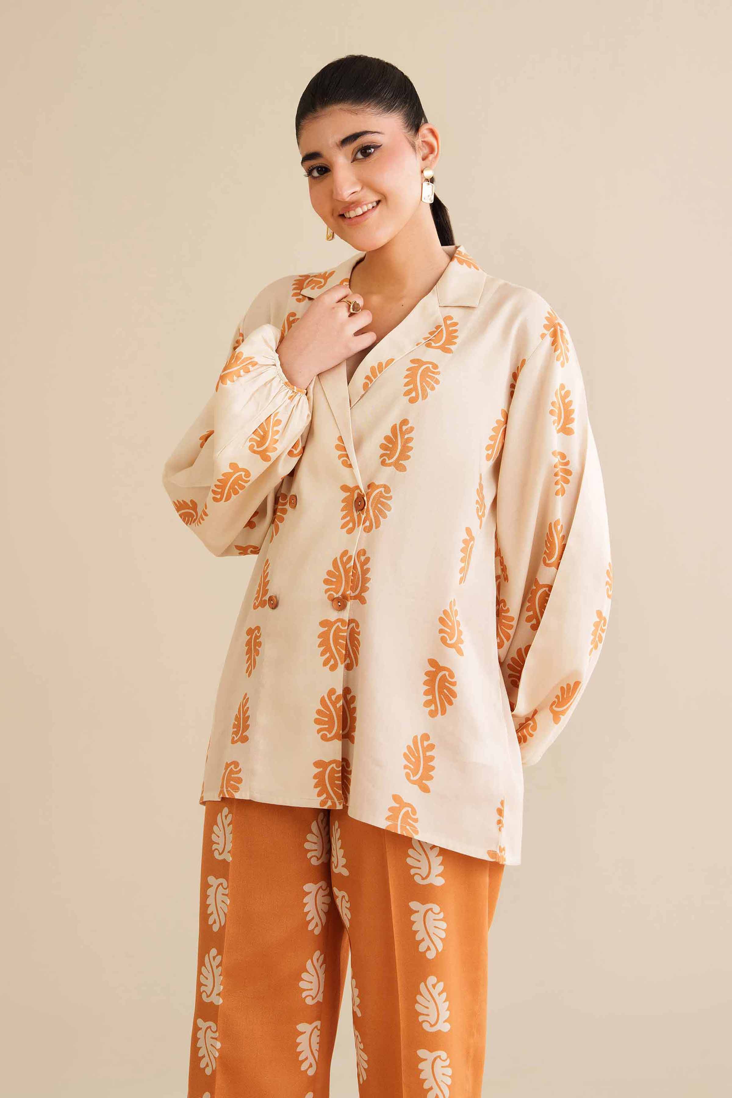 2 Piece - Printed Suit - AW25-40 READY TO WEAR Beige Satin 2 Pieces Printed