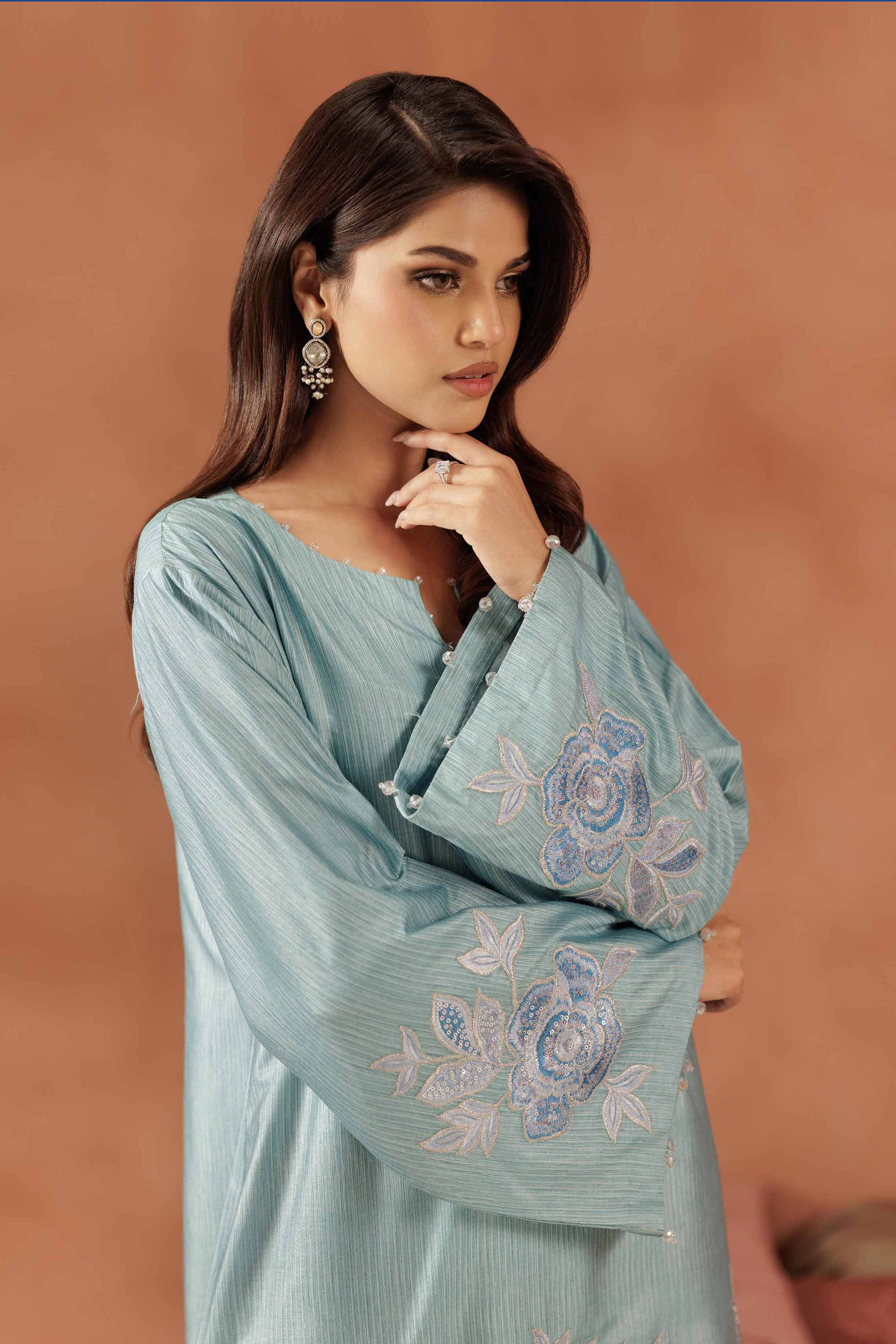 Embroidered Dress - FE25-59 READY TO WEAR Blue Silk 1PC Embroidered