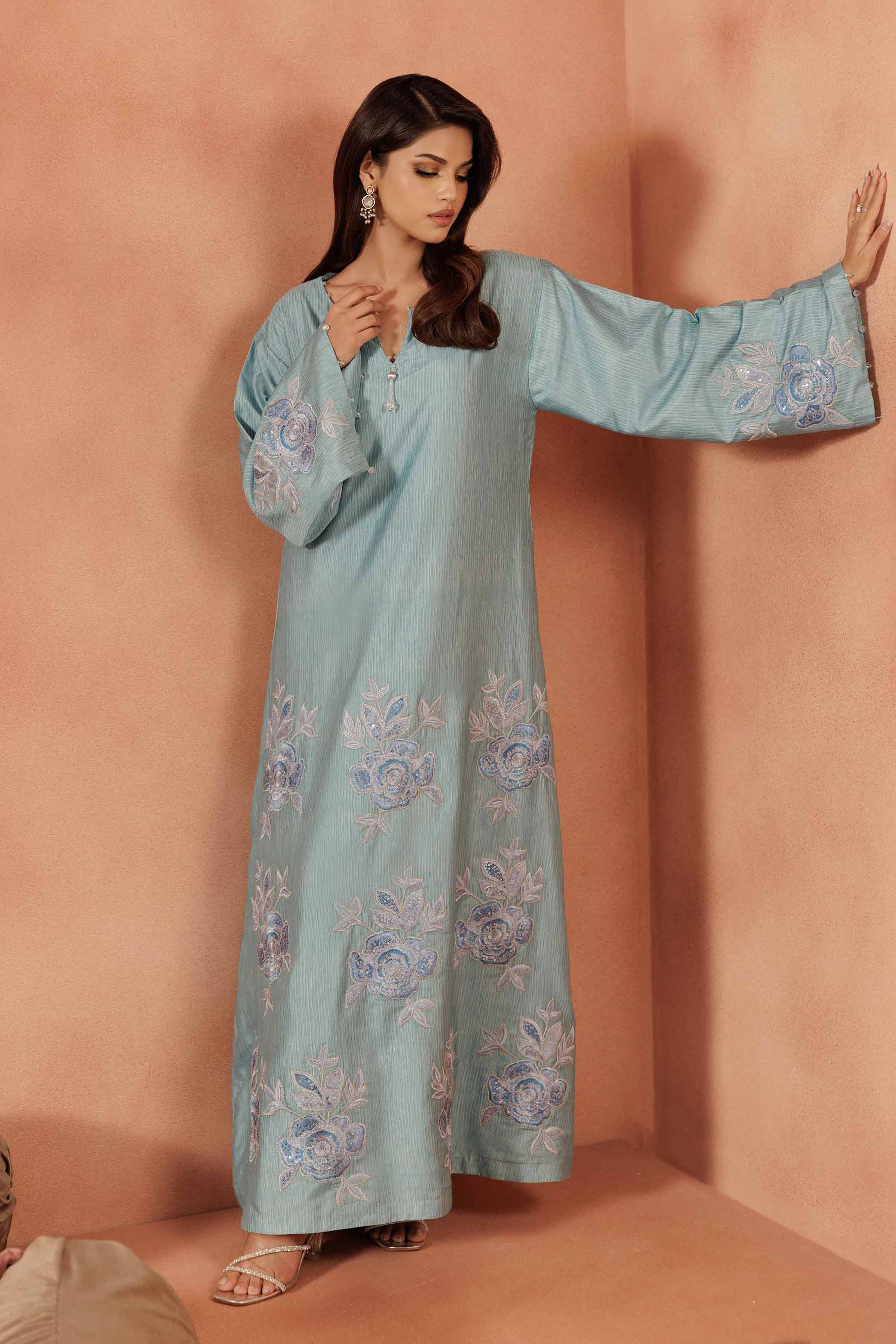 Embroidered Dress - FE25-59 READY TO WEAR Blue Silk 1PC Embroidered