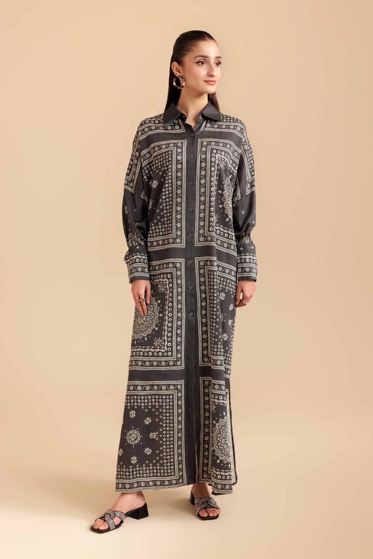 Printed Shirt - FS25-48 Grey Satin 1PC Printed Nishat Australia