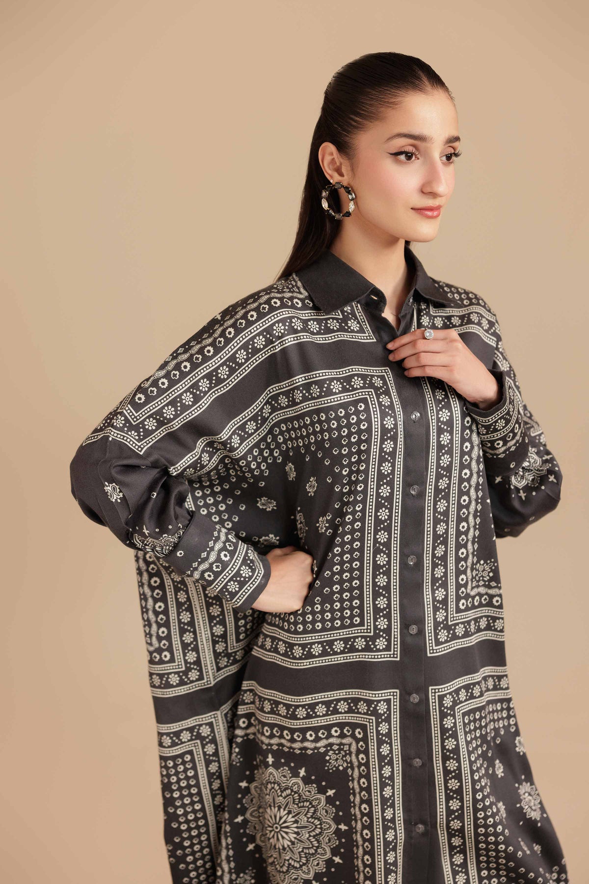 Printed Shirt - FS25-48 Grey Satin 1PC Printed Nishat Australia