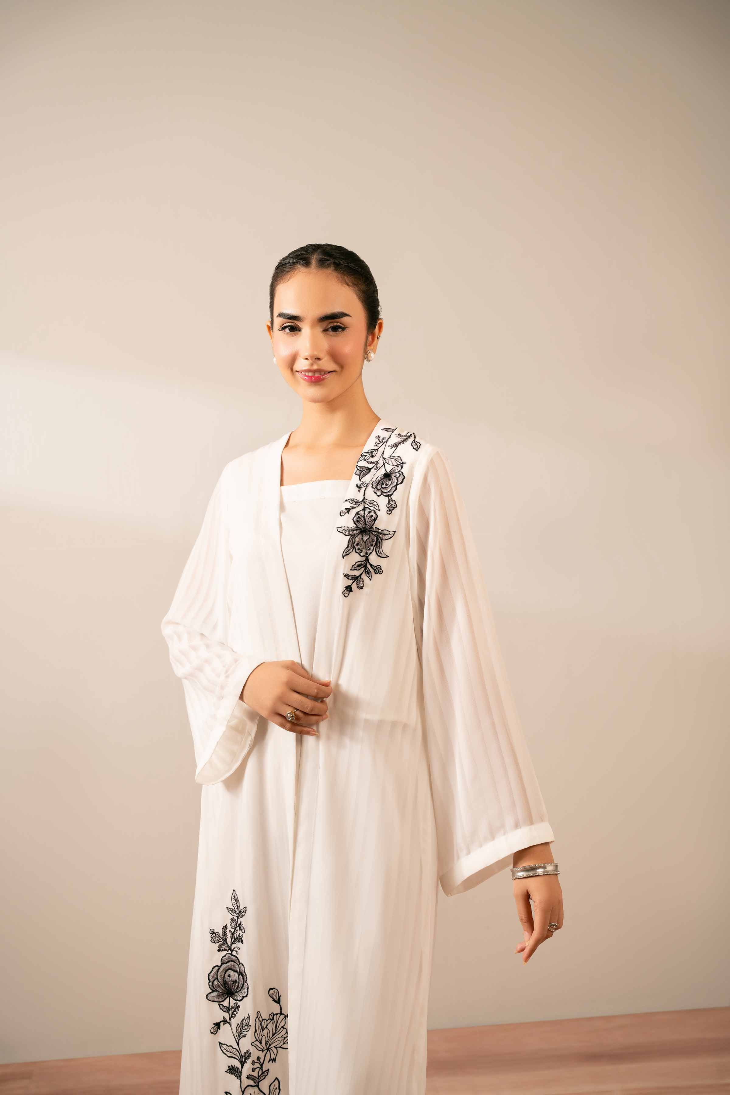 3 Piece - Embroidered Suit - FS25-70 READY TO WEAR White Chiffon 3PC Embroidered