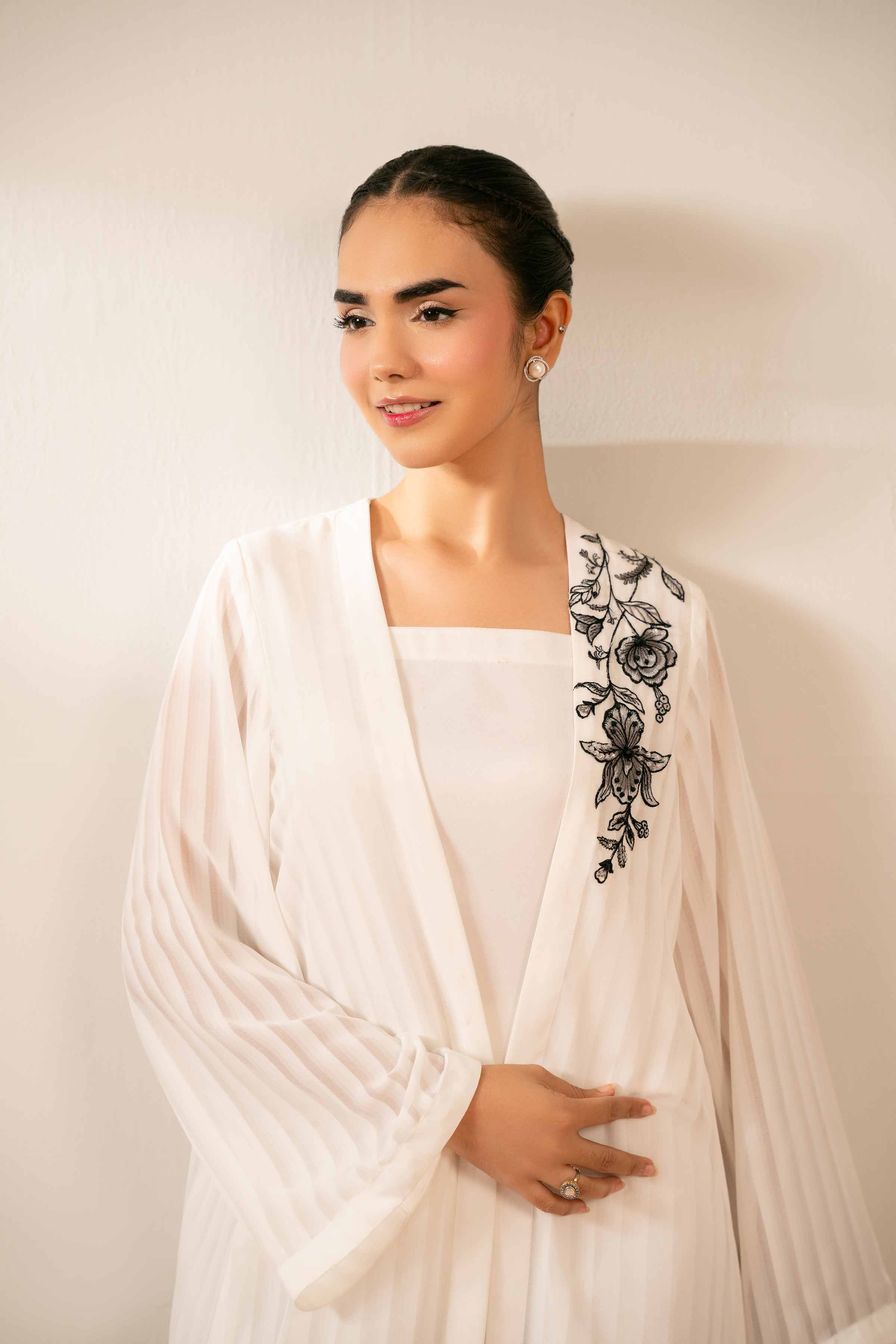 3 Piece - Embroidered Suit - FS25-70 READY TO WEAR White Chiffon 3PC Embroidered