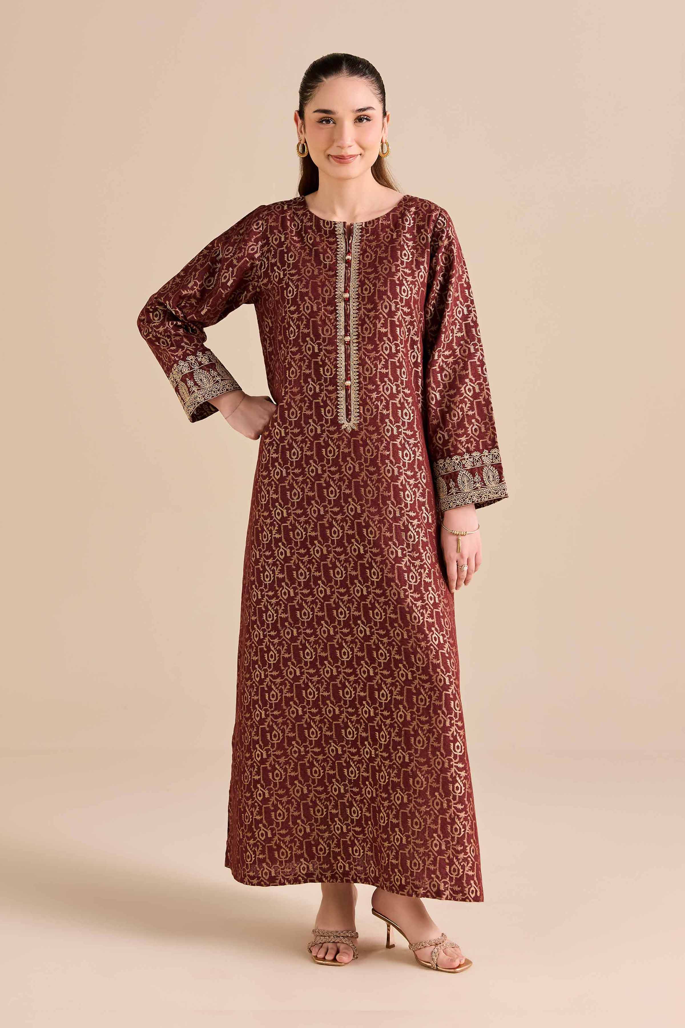 Embroidered Shirt - FW25-15 READY TO WEAR Red Jacquard 1PC Embroidered