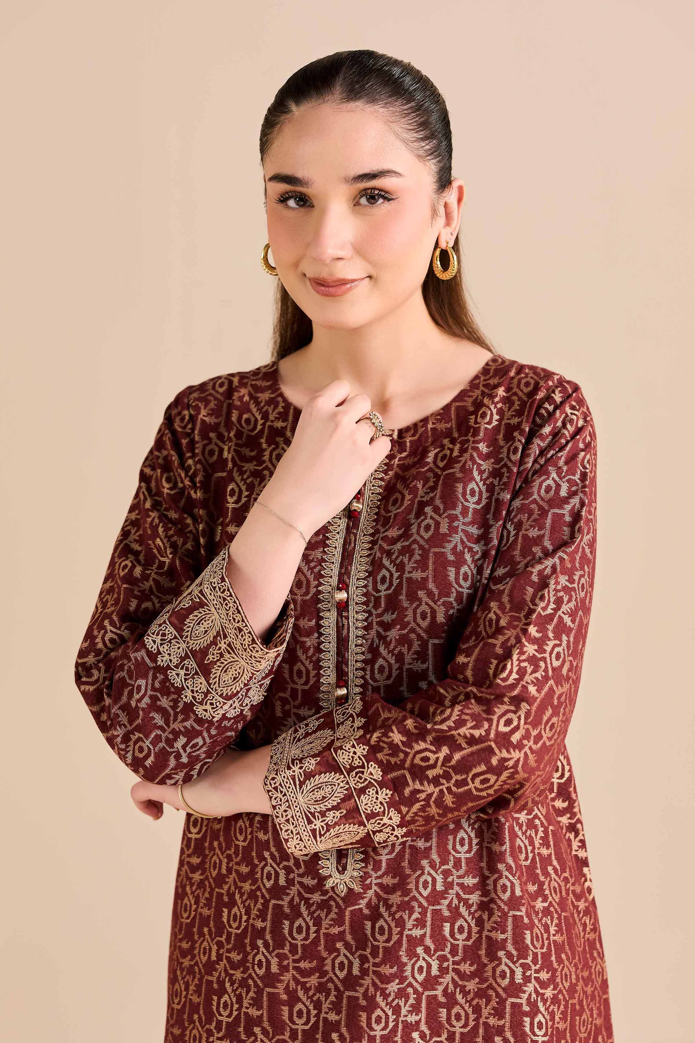 Embroidered Shirt - FW25-15 READY TO WEAR Red Jacquard 1PC Embroidered