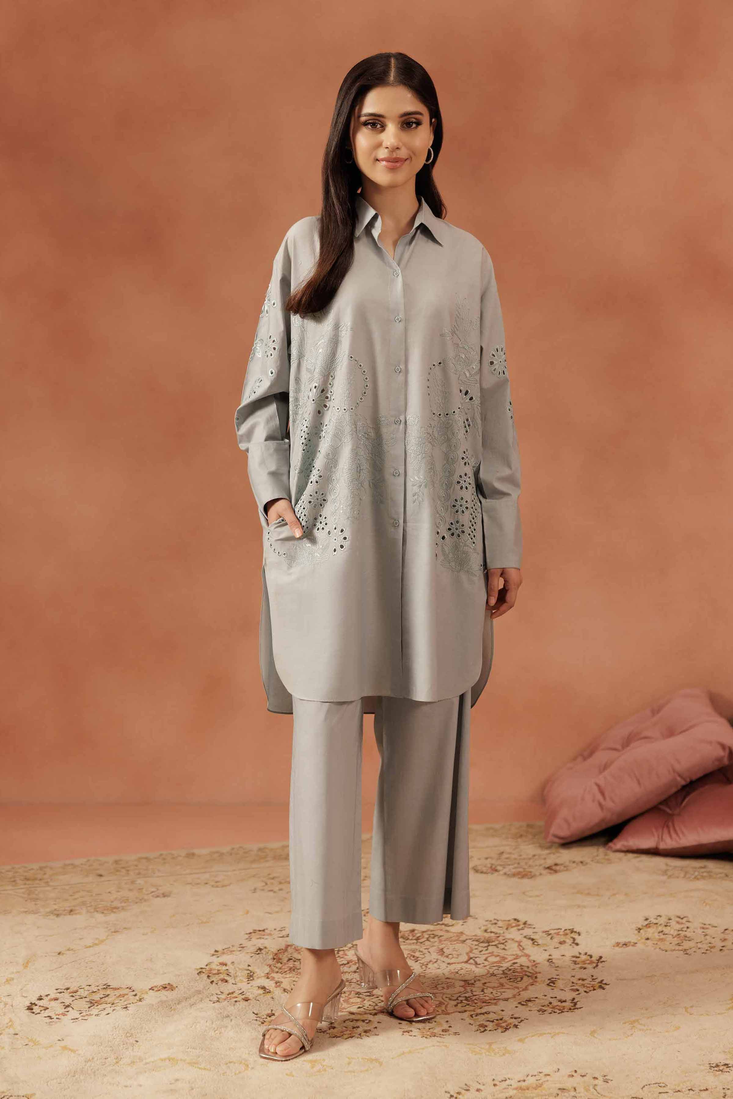 2 Piece - Embroidered Suit - KFE25-111 READY TO WEAR - LUXURY Grey Cambric 2PC Embroidered