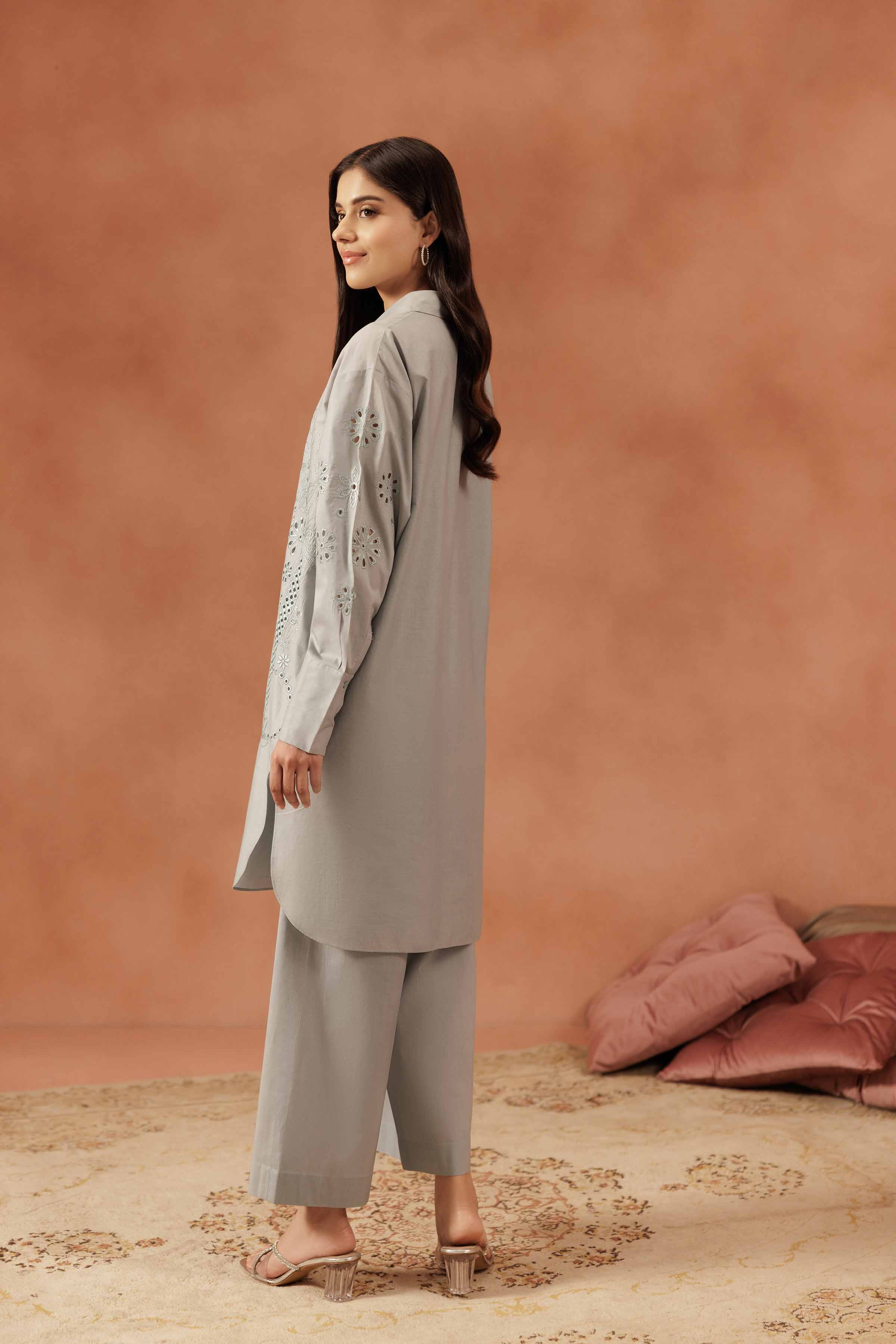 2 Piece - Embroidered Suit - KFE25-111 READY TO WEAR - LUXURY Grey Cambric 2PC Embroidered
