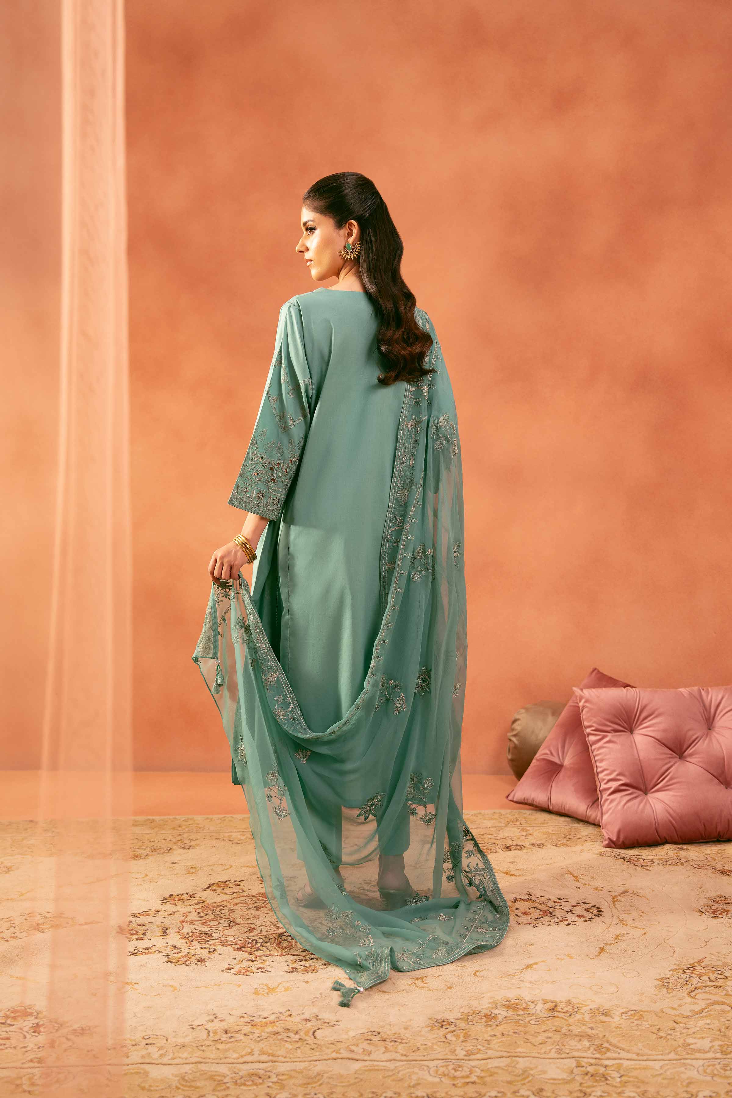 3 Piece - Embroidered Suit - KFE25-151 READY TO WEAR - LUXURY Green Cambric 3PC Embroidered