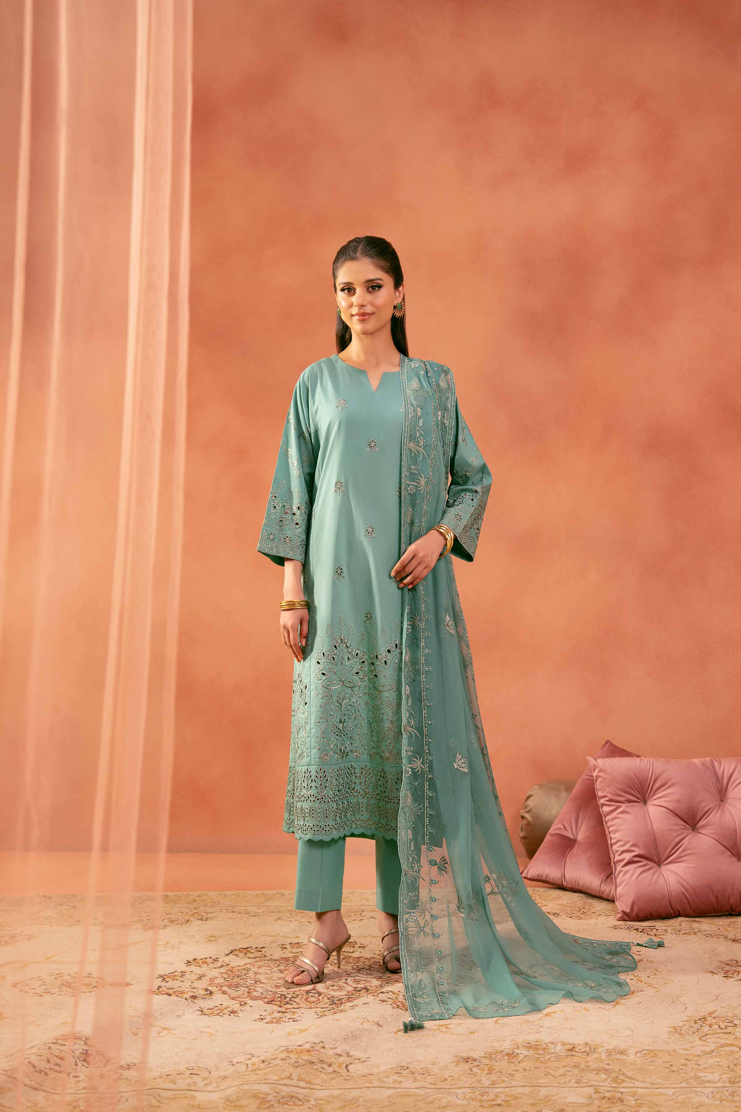 3 Piece - Embroidered Suit - KFE25-151 READY TO WEAR - LUXURY Green Cambric 3PC Embroidered