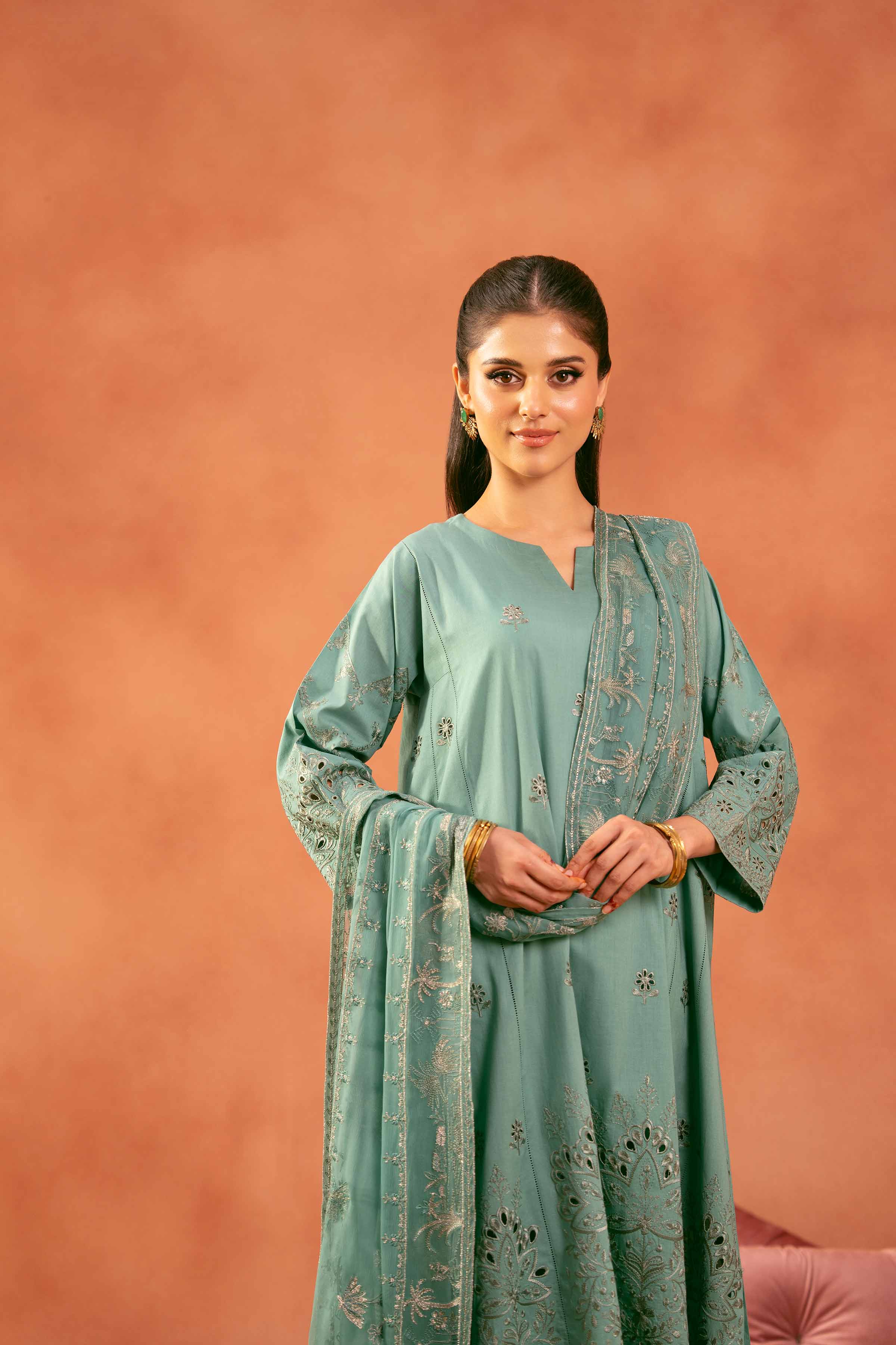 3 Piece - Embroidered Suit - KFE25-151 READY TO WEAR - LUXURY Green Cambric 3PC Embroidered
