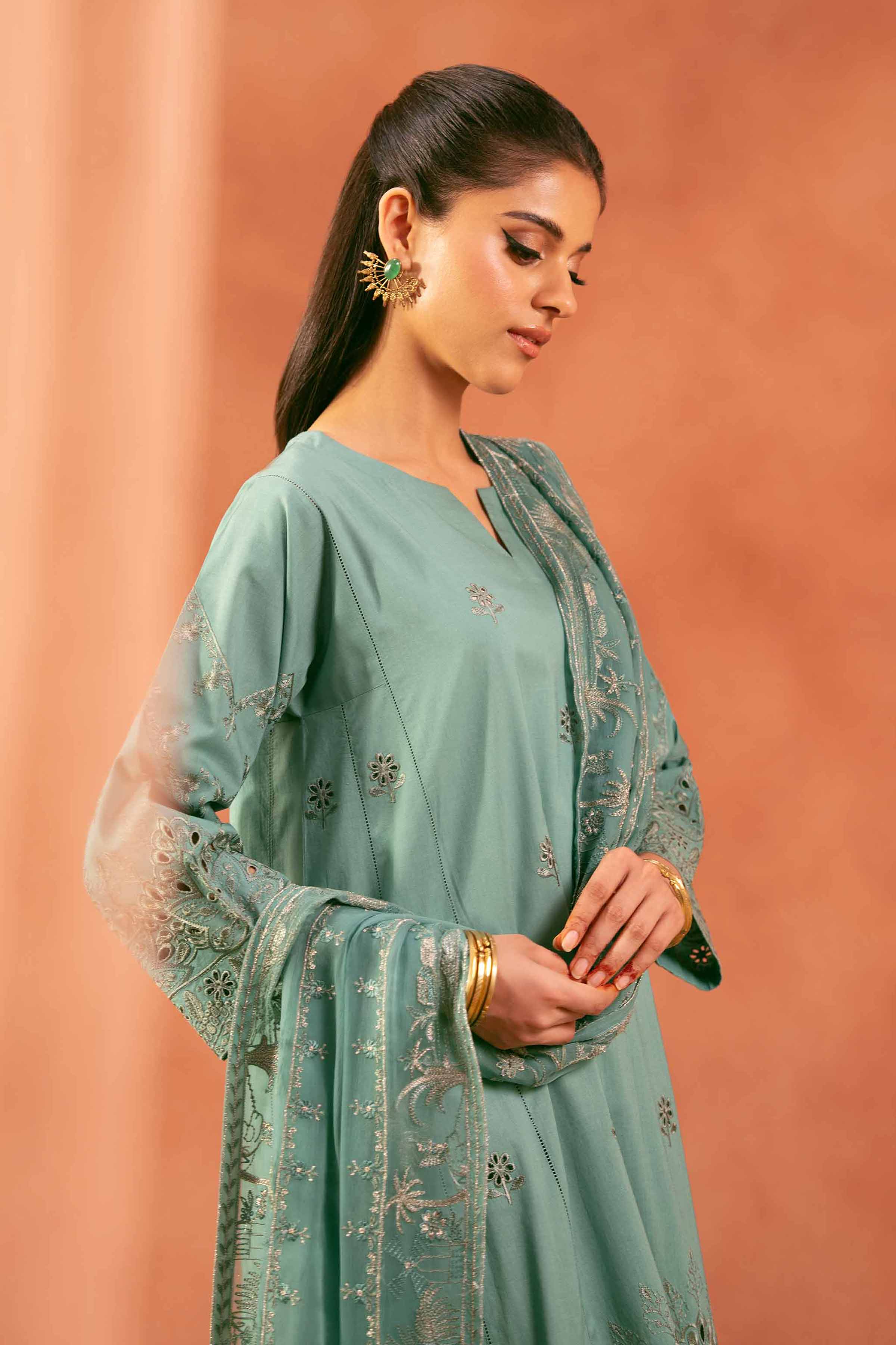 3 Piece - Embroidered Suit - KFE25-151 READY TO WEAR - LUXURY Green Cambric 3PC Embroidered