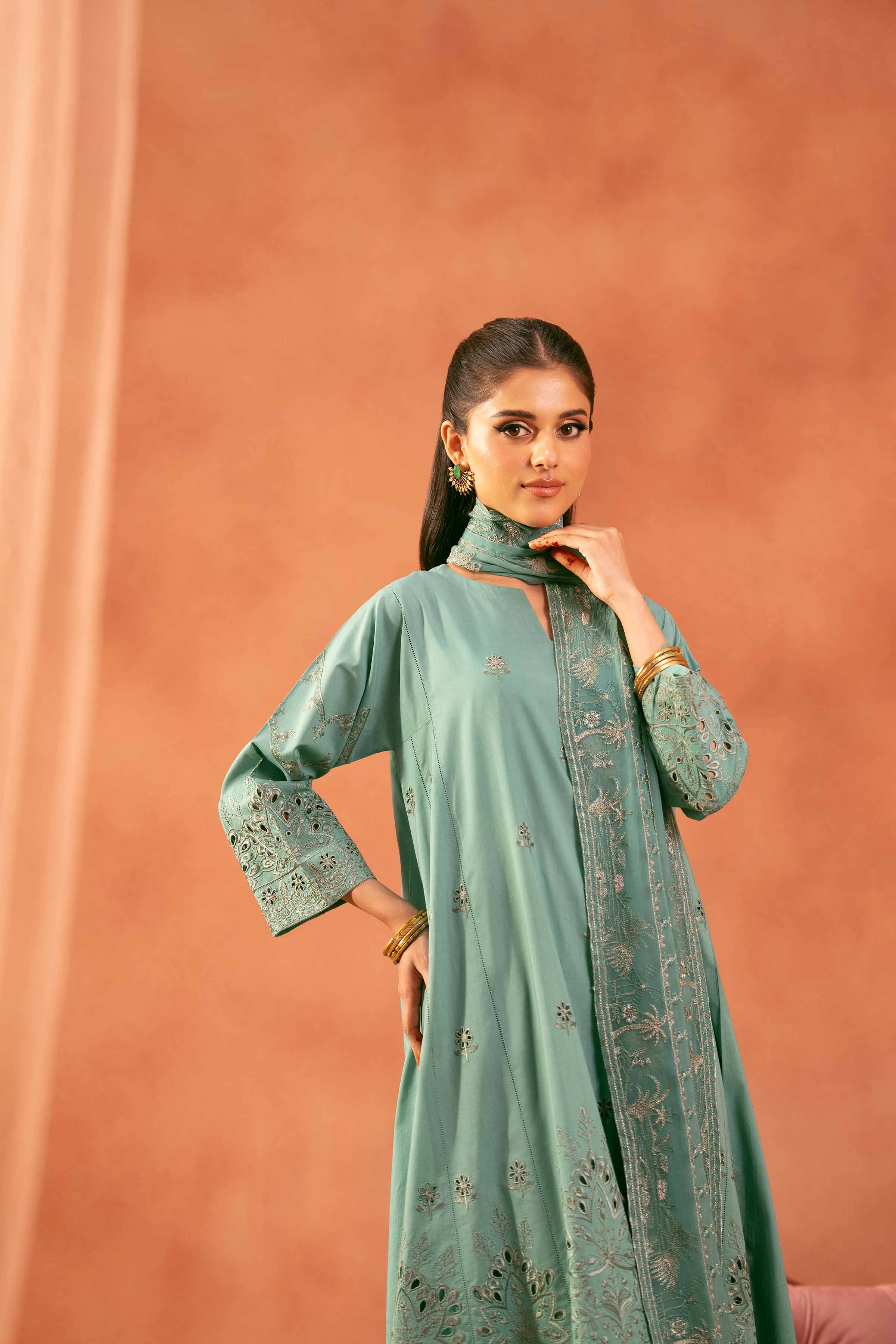 3 Piece - Embroidered Suit - KFE25-151 READY TO WEAR - LUXURY Green Cambric 3PC Embroidered