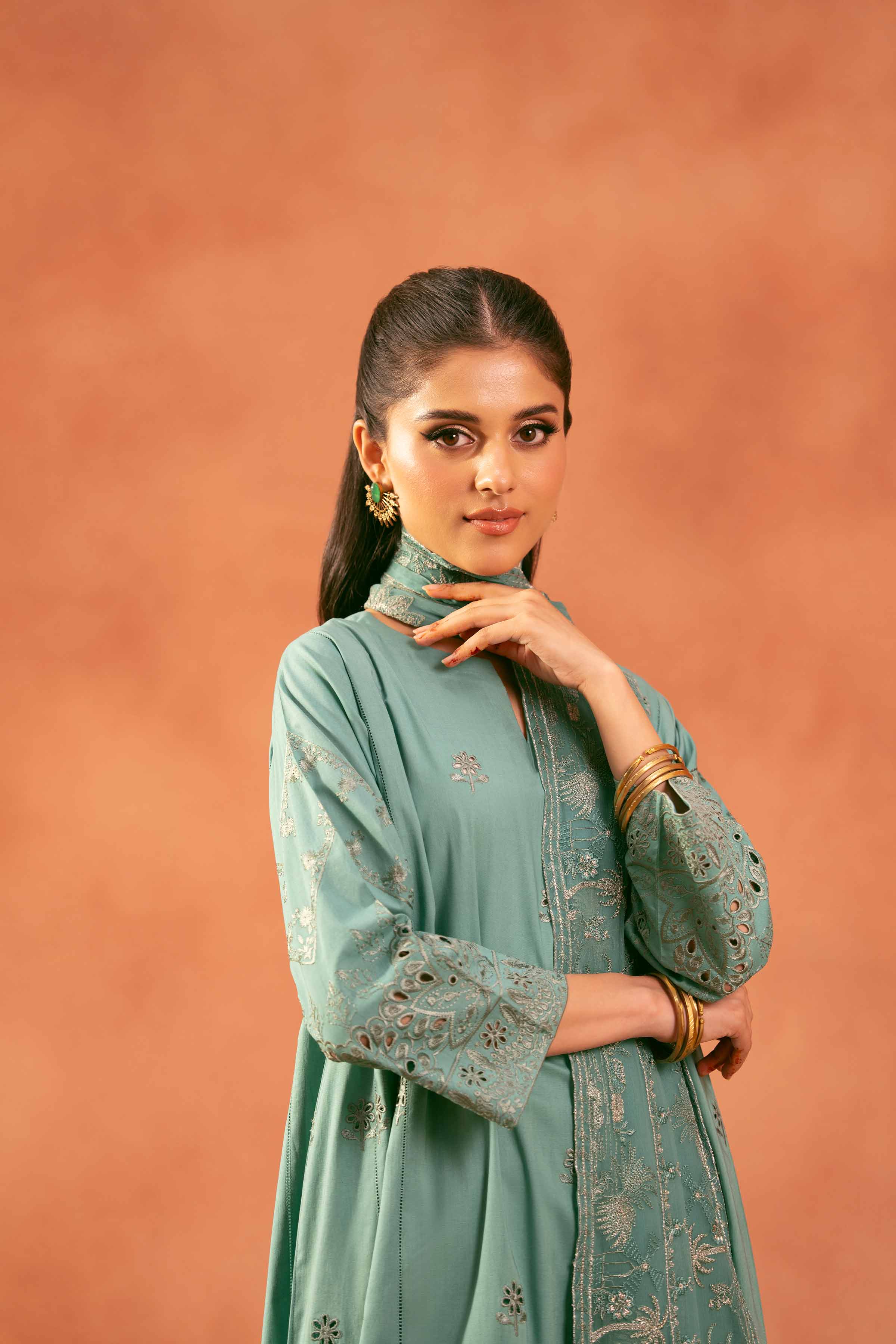 3 Piece - Embroidered Suit - KFE25-151 READY TO WEAR - LUXURY Green Cambric 3PC Embroidered