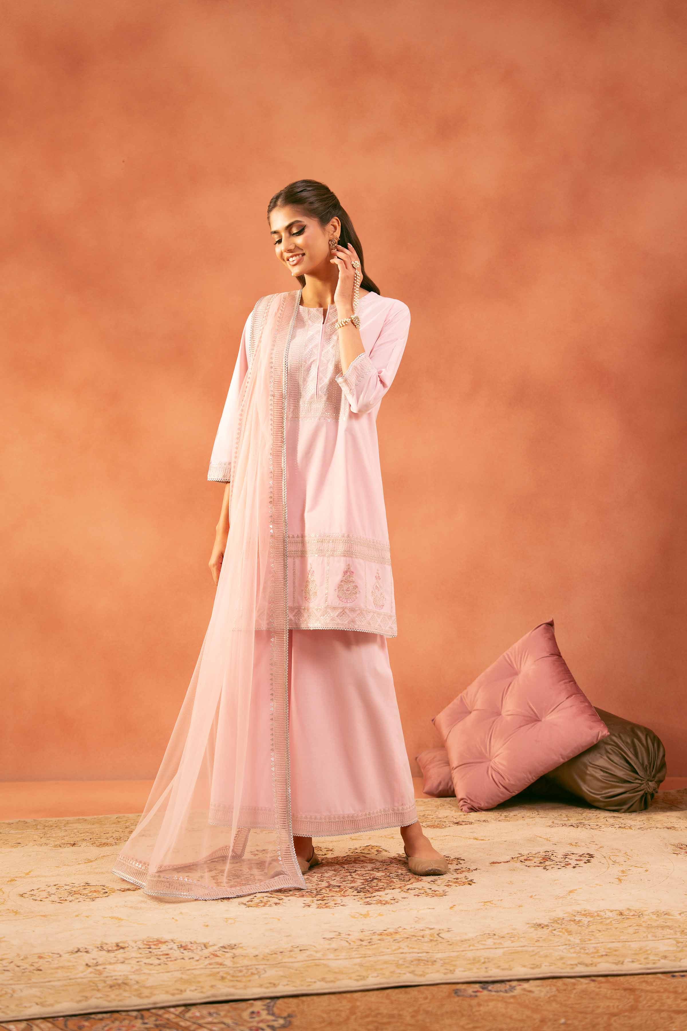 3 Piece - Embroidered Suit - KFE25-160 READY TO WEAR - LUXURY Pink Cambric 3PC Embroidered