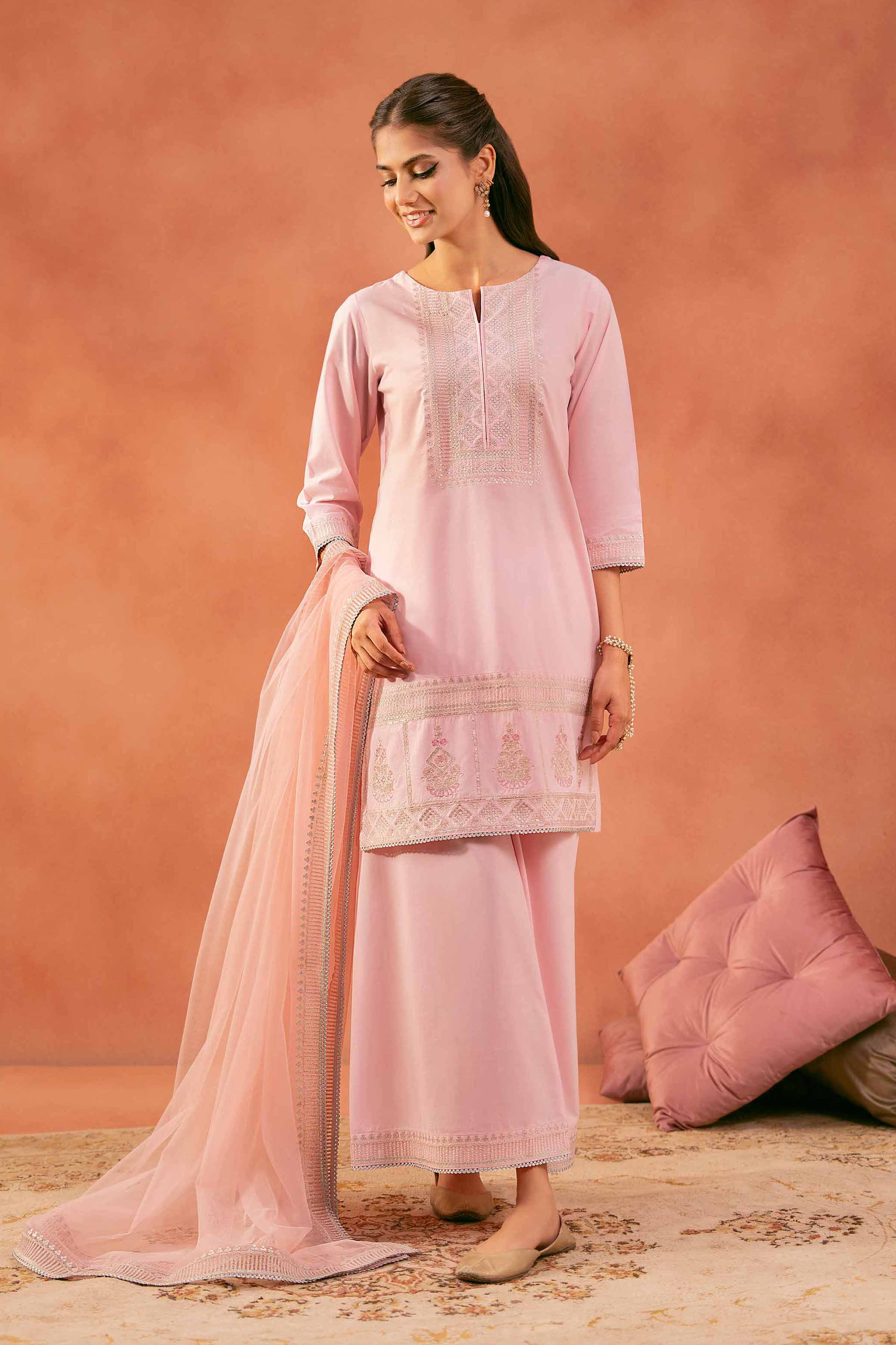 3 Piece - Embroidered Suit - KFE25-160 READY TO WEAR - LUXURY Pink Cambric 3PC Embroidered