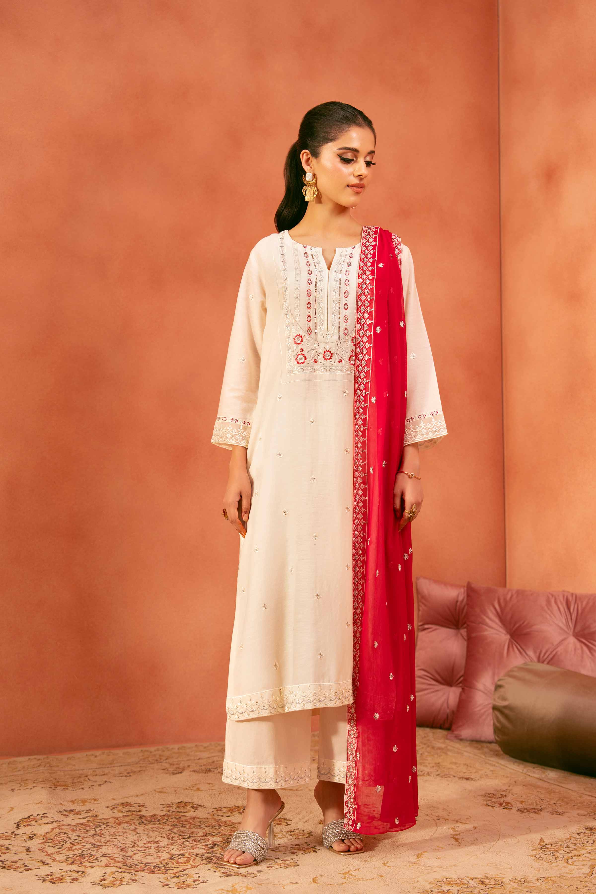 3 Piece - Embroidered Suit - KFE25-167 READY TO WEAR - LUXURY Off White Cambric 3PC Embroidered