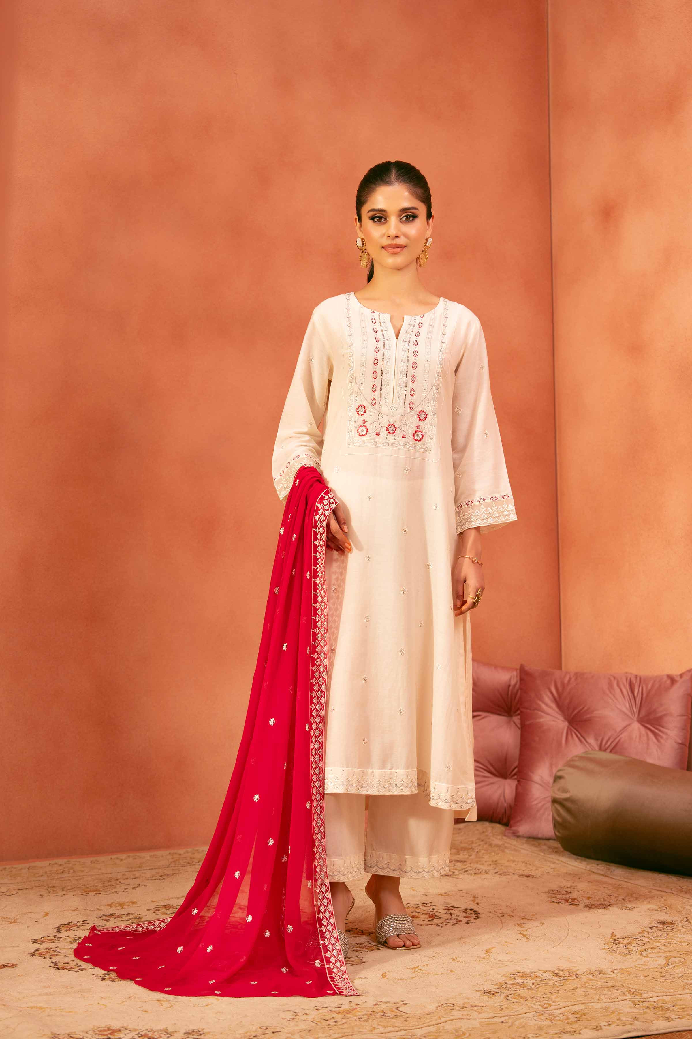 3 Piece - Embroidered Suit - KFE25-167 READY TO WEAR - LUXURY Off White Cambric 3PC Embroidered