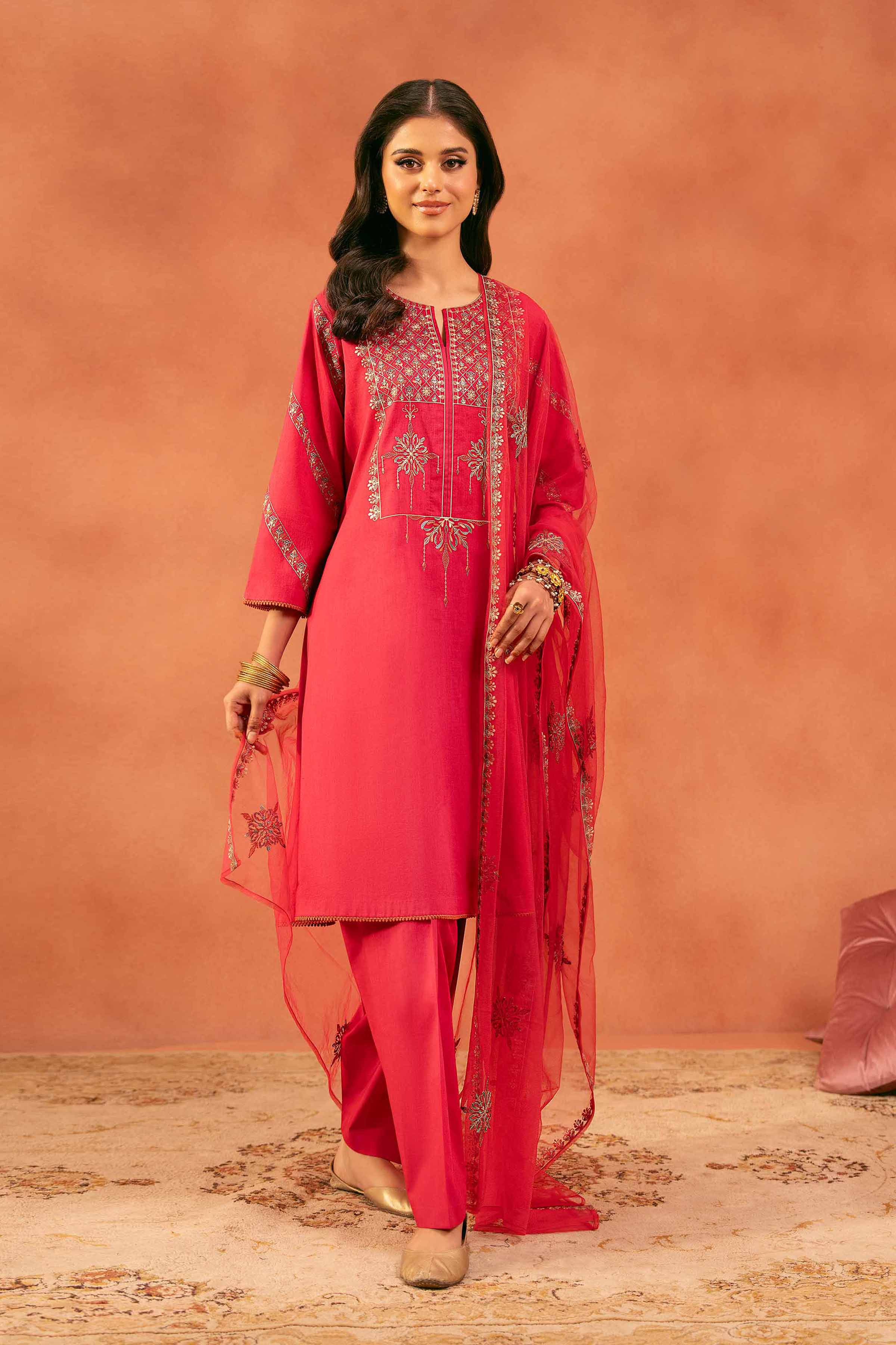 3 Piece - Embroidered Suit - KFE25-172 READY TO WEAR - LUXURY Pink Cambric 3PC Embroidered