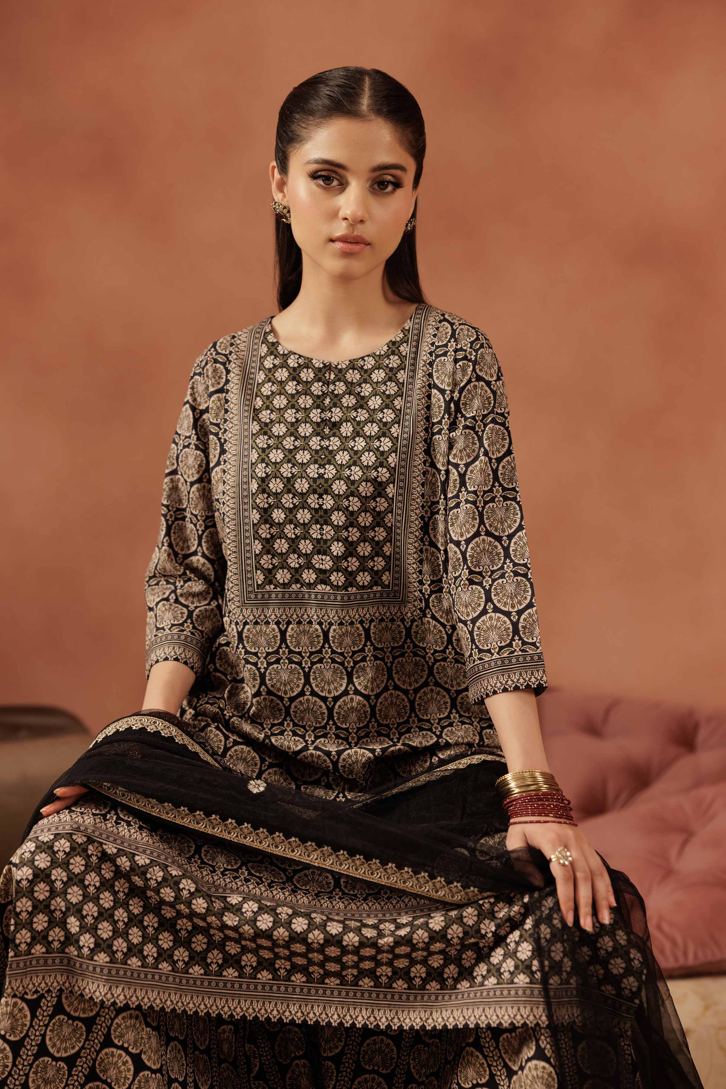 3 Piece - Printed Embroidered Suit - KFE25-173 READY TO WEAR - LUXURY Black Cambric 3PC Embroidered