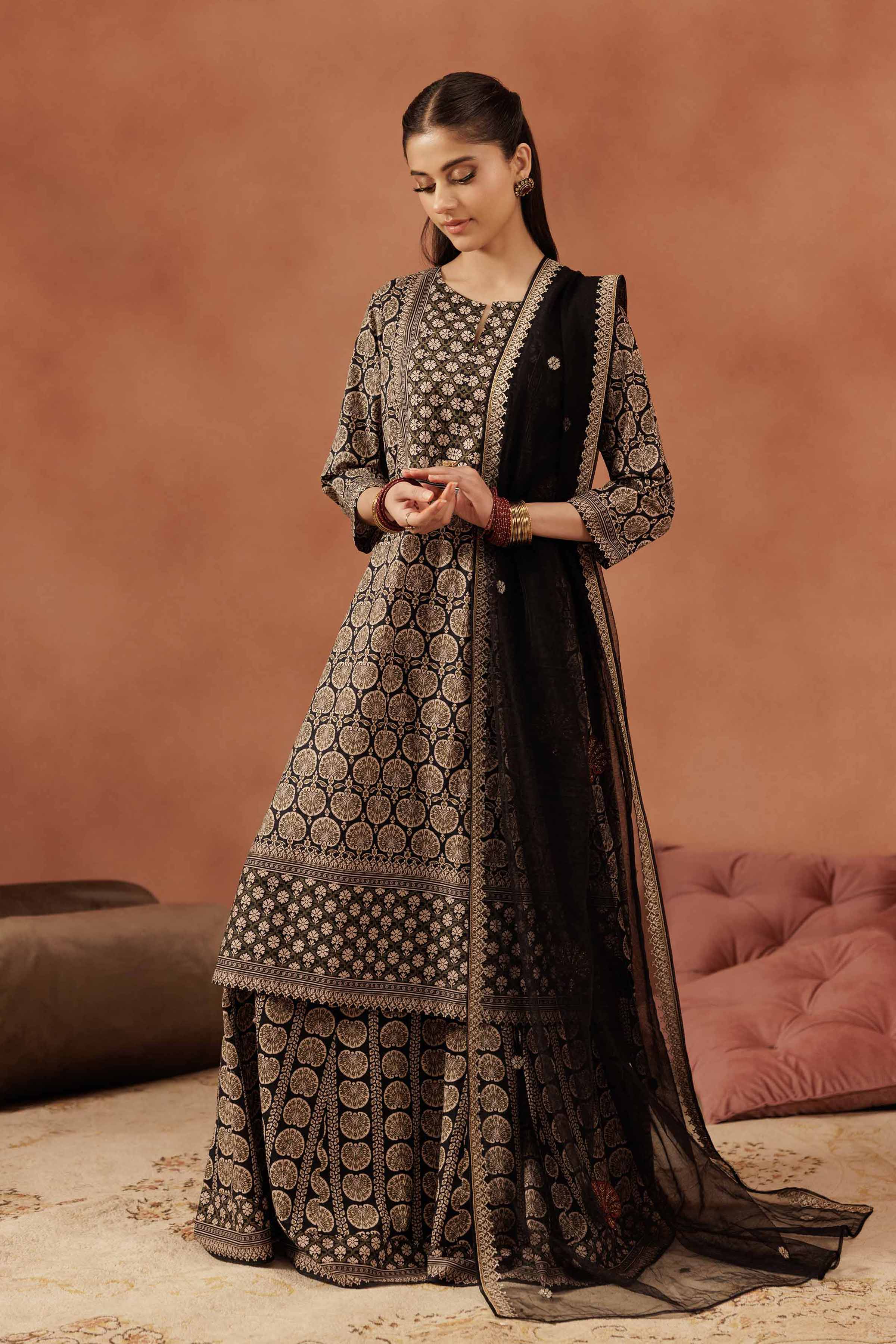 3 Piece - Printed Embroidered Suit - KFE25-173 READY TO WEAR - LUXURY Black Cambric 3PC Embroidered