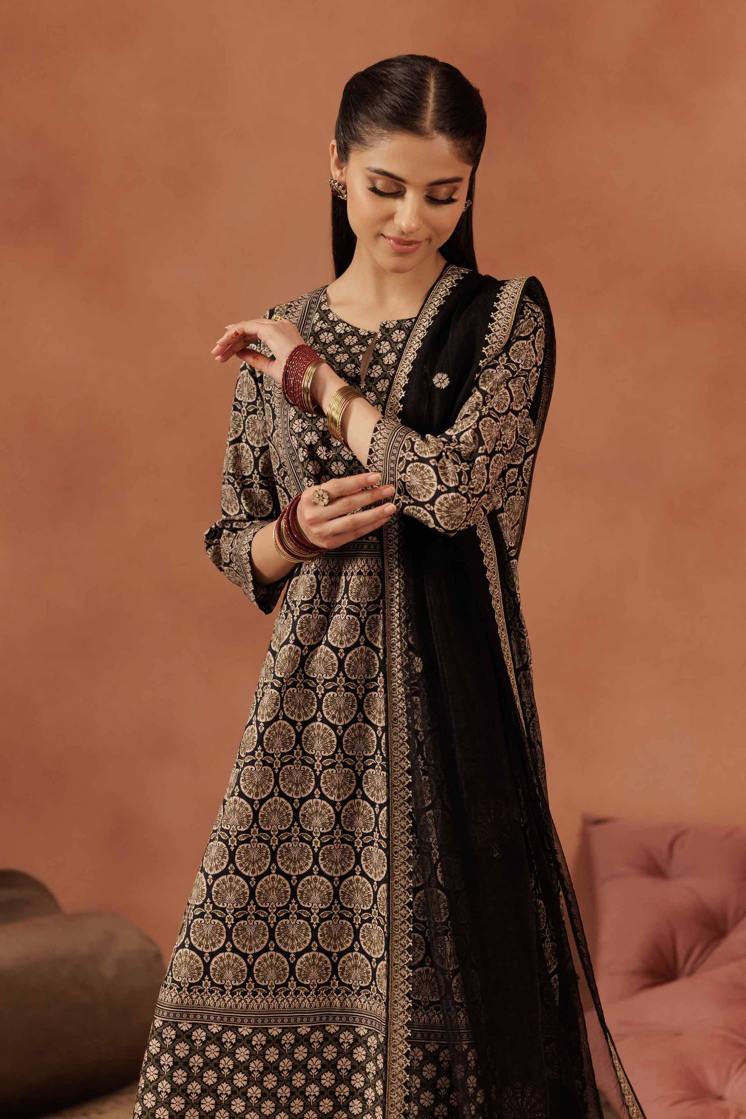 3 Piece - Printed Embroidered Suit - KFE25-173 READY TO WEAR - LUXURY Black Cambric 3PC Embroidered