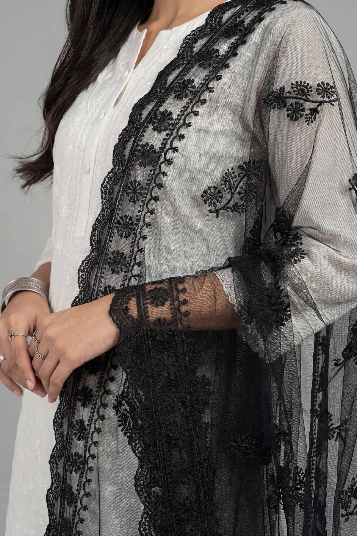 Embroidered Dupatta - KFE26-124Black Net 1PC Embroidered Nishat Australia