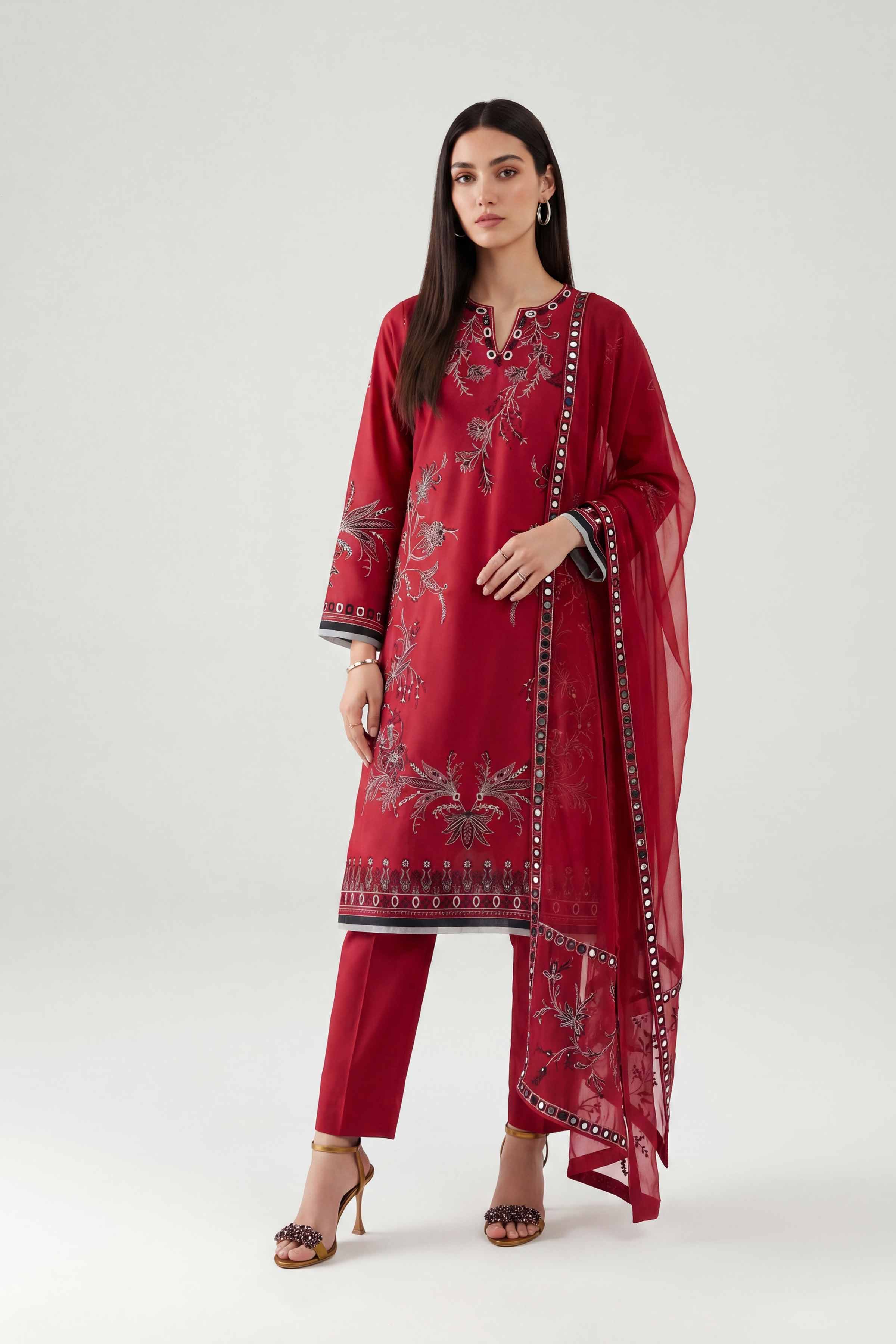 3 Piece - Embroidered Suit - KFE26-187 Red Cambric 3PC Embroidered Nishat Australia