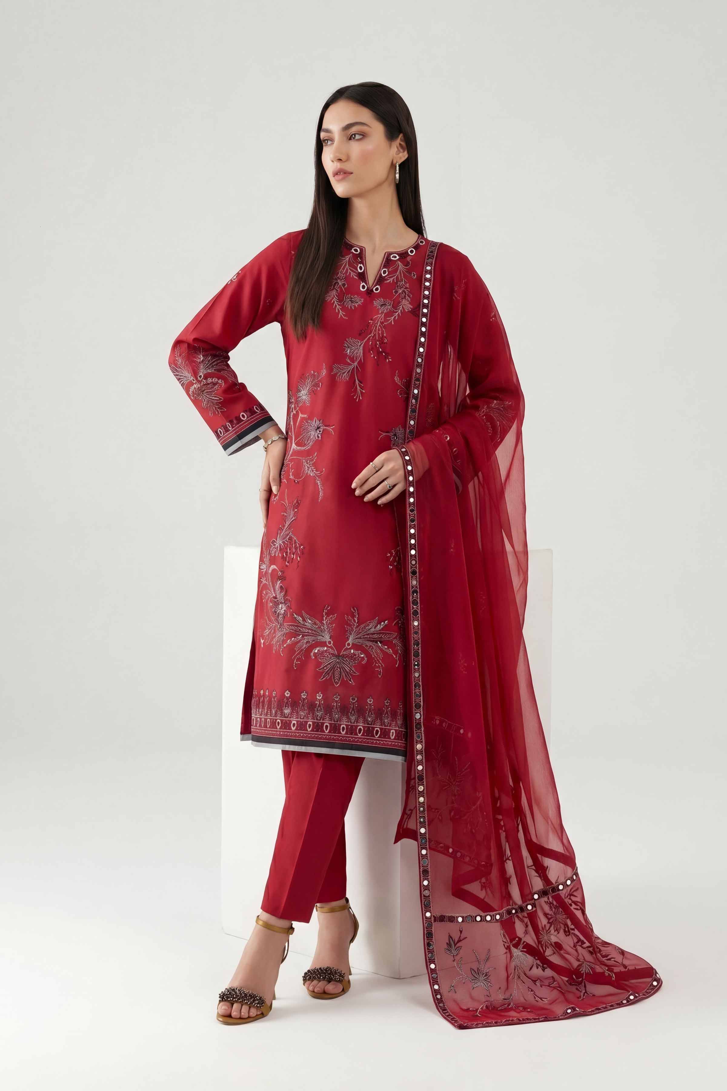 3 Piece - Embroidered Suit - KFE26-187 Red Cambric 3PC Embroidered Nishat Australia