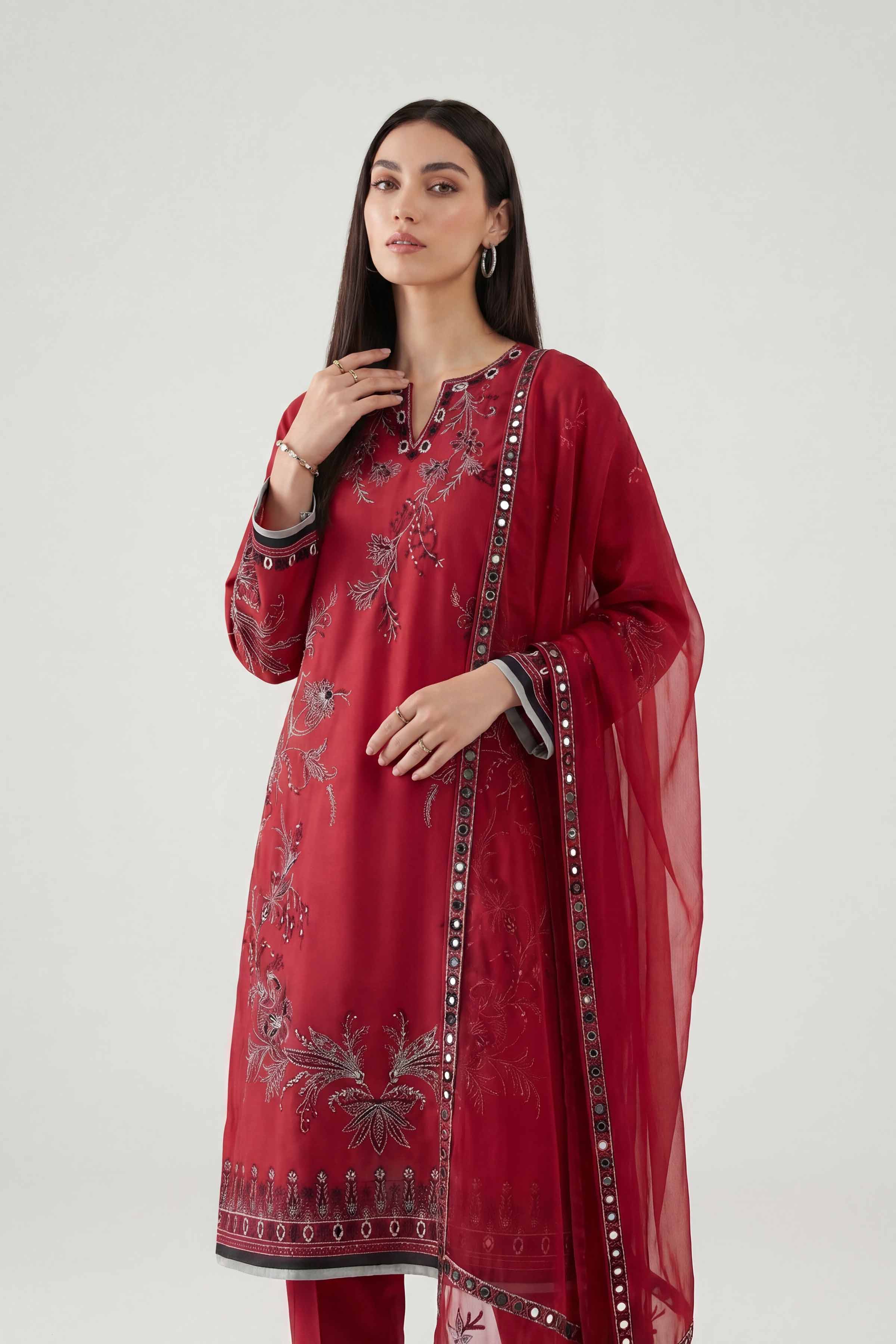3 Piece - Embroidered Suit - KFE26-187 Red Cambric 3PC Embroidered Nishat Australia
