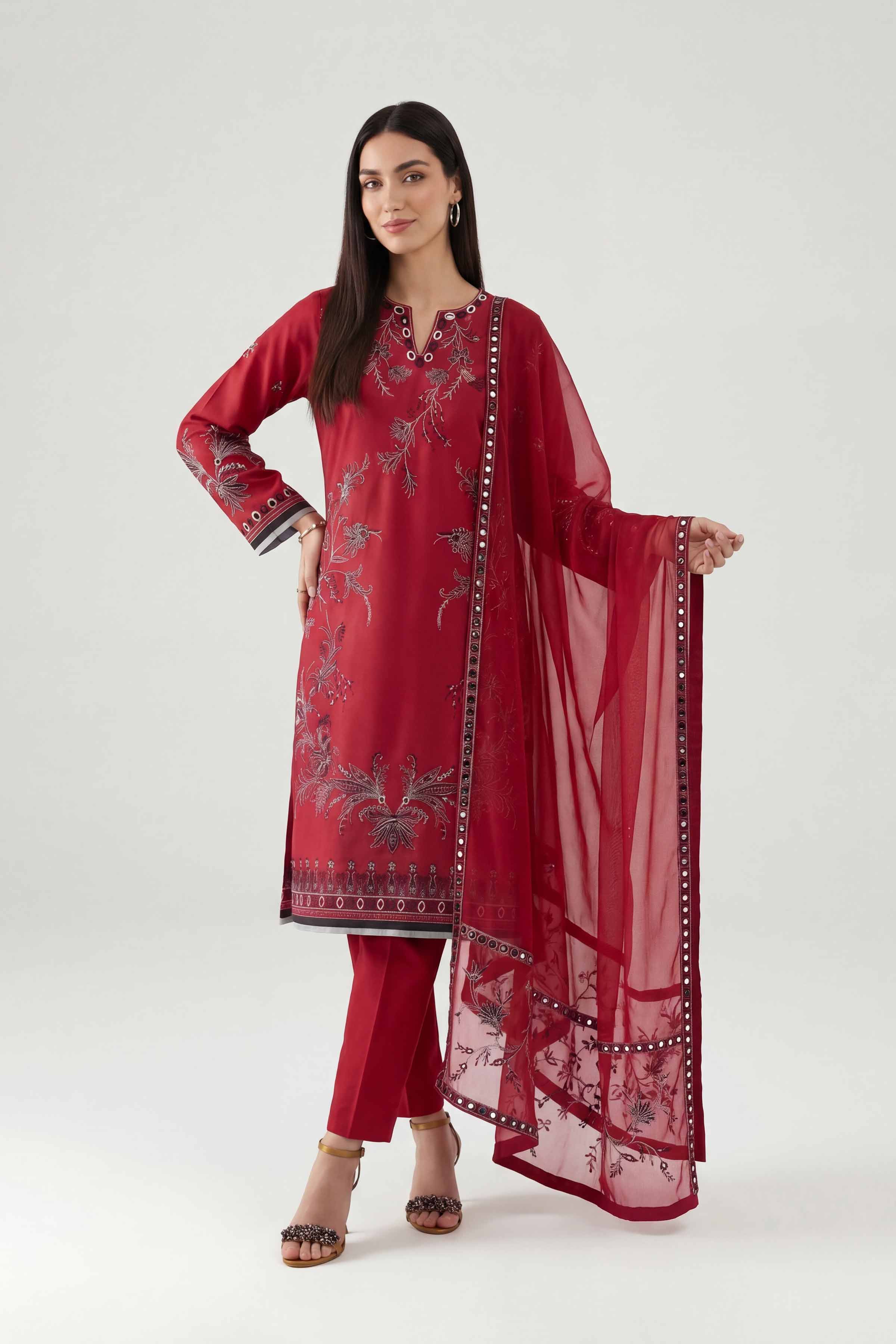 3 Piece - Embroidered Suit - KFE26-187 Red Cambric 3PC Embroidered Nishat Australia