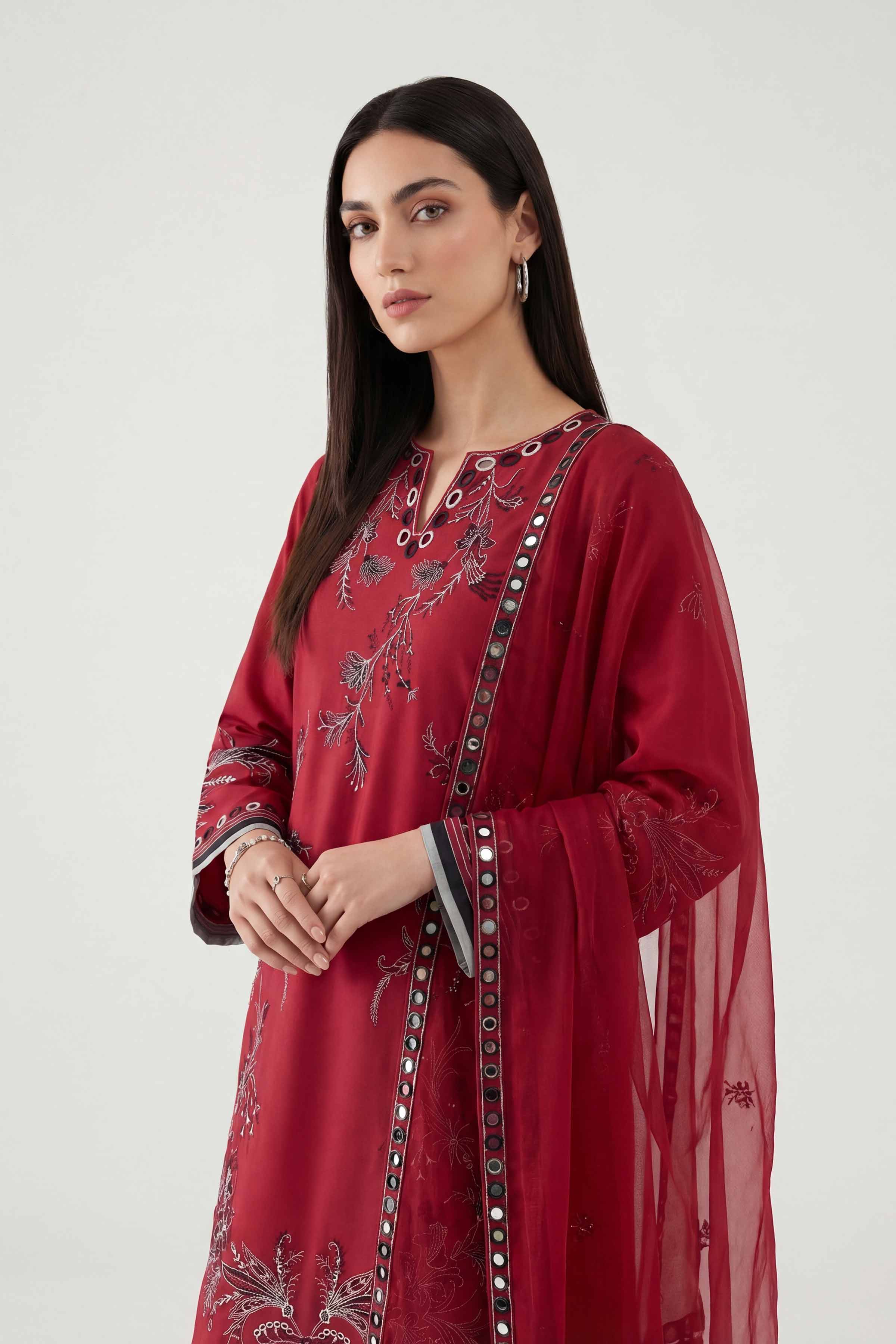 3 Piece - Embroidered Suit - KFE26-187 Red Cambric 3PC Embroidered Nishat Australia