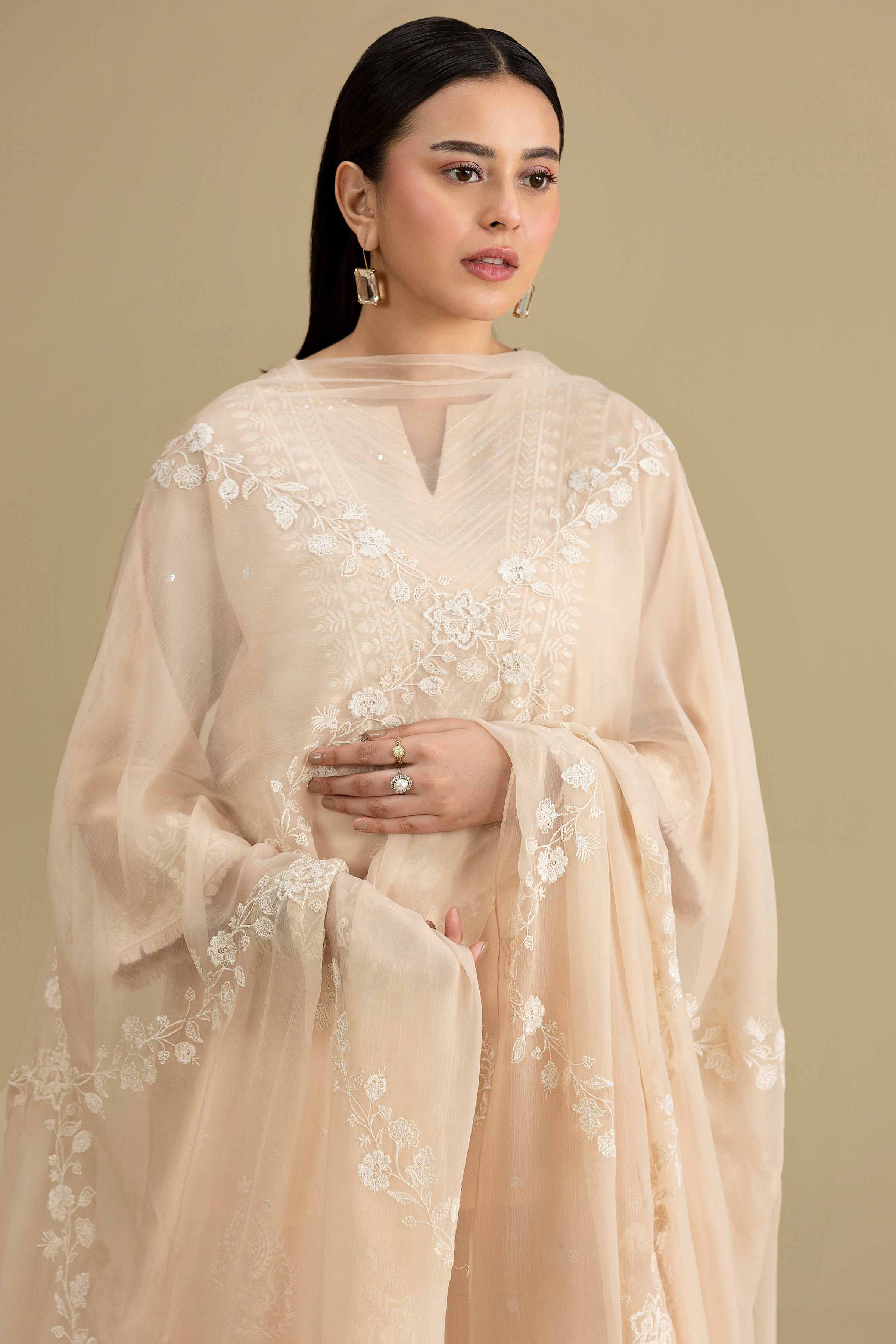 Embroidered Dupatta - KFE26-191 Beige Chiffon 1PC Embroidered Nishat Australia