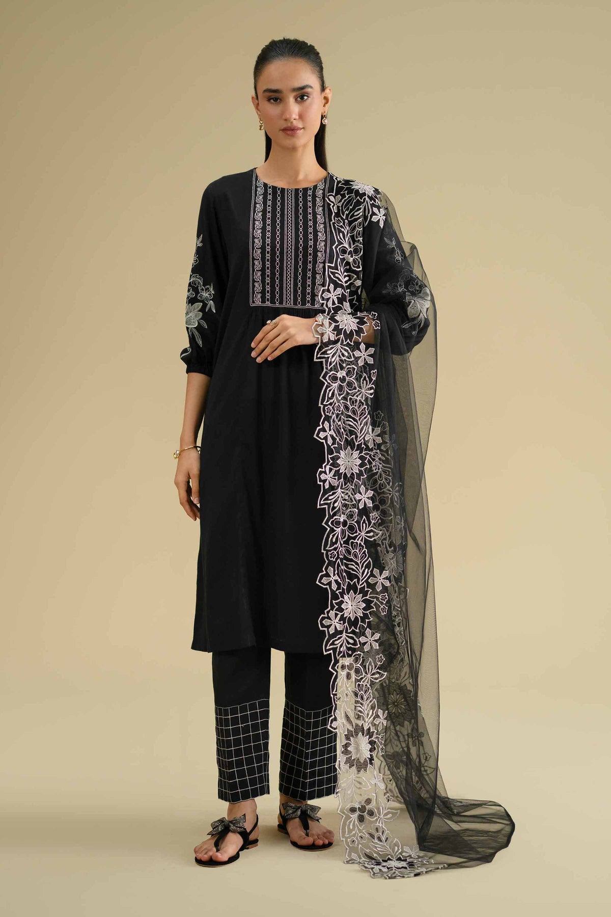 Embroidered Dupatta - KFE26-234Black Net 1PC Embroidered Nishat Australia