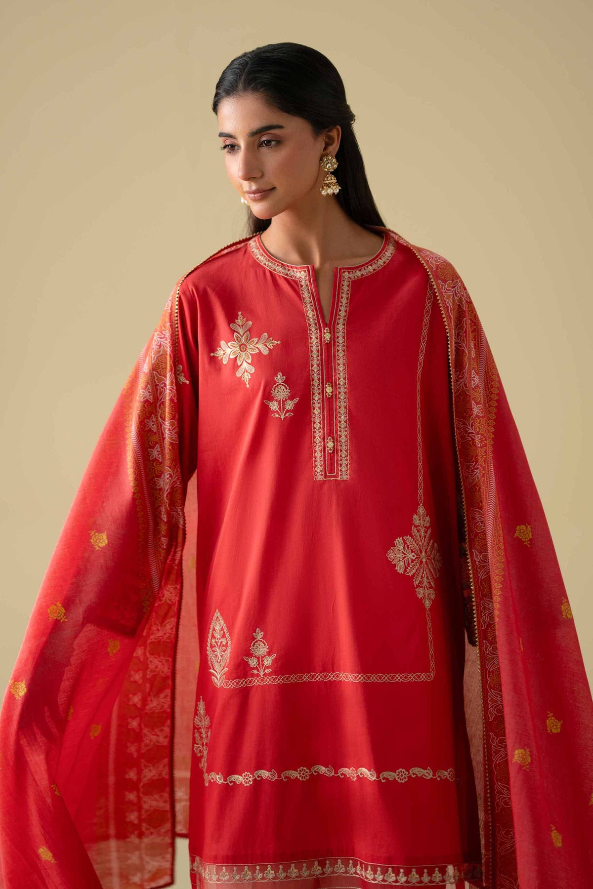 2 Piece - Printed Embroidered Suit - KFE26-27Red Cambric 2PC Embroidered Nishat Australia